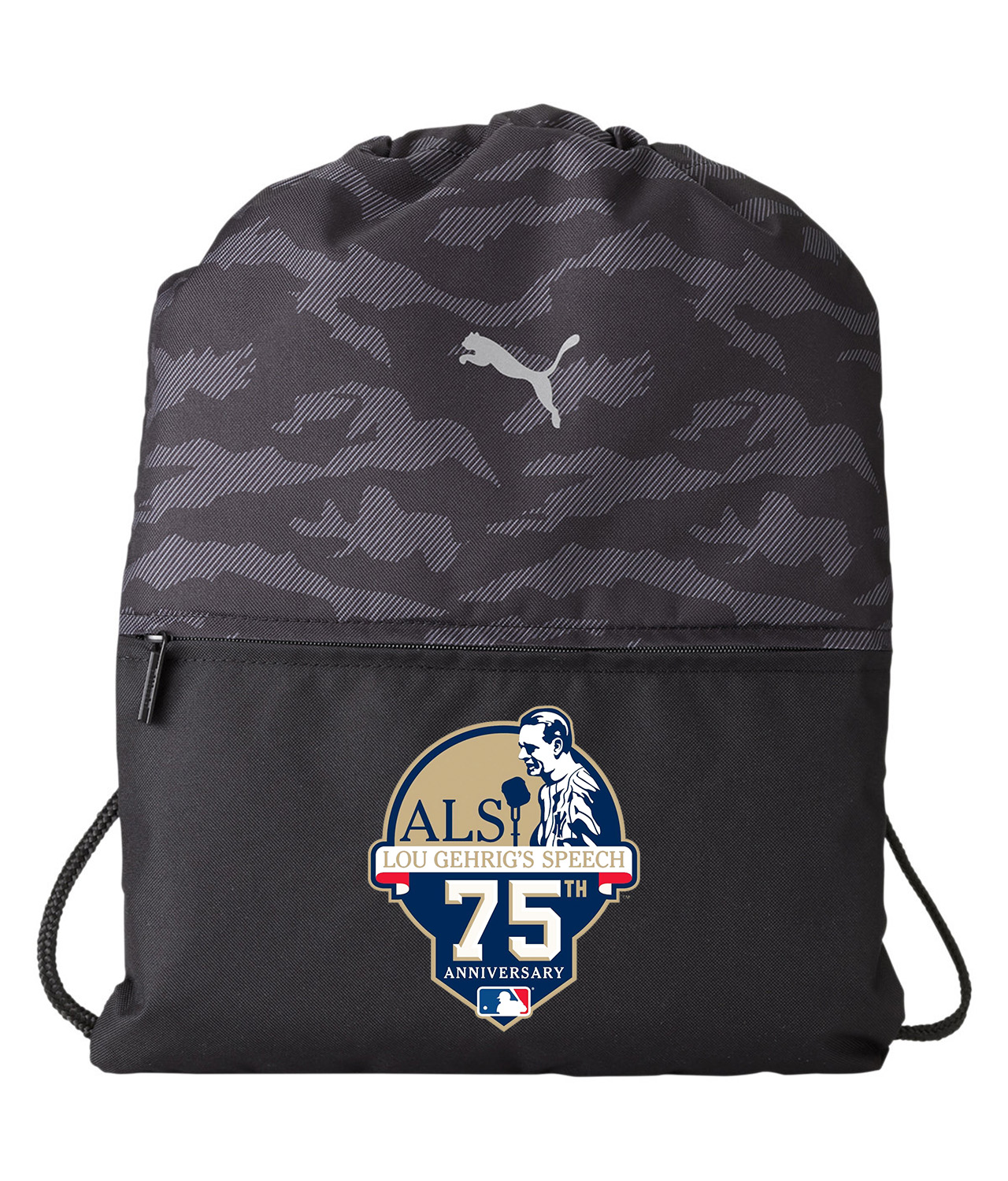 Major League Baseball Lou Gehrig Speech 75th Anniversary Logo Symbol Emblem Customized Design on Camo Drawstring Backpack Bag