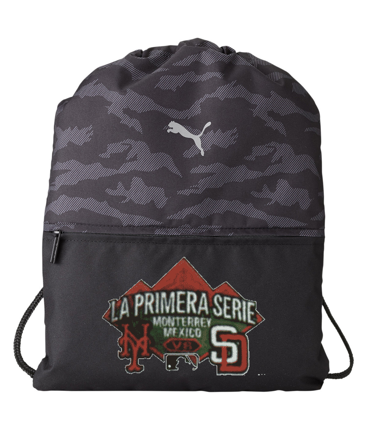 Major League Baseball Mets vs Padres Series In Monterrey Mexico Logo Symbol Emblem Customized Design on Camo Drawstring Backpack Bag