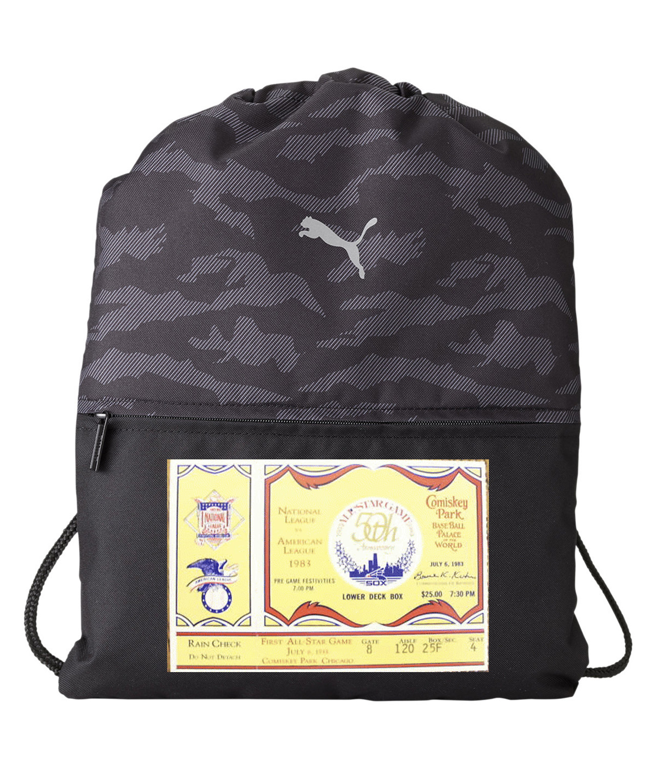 1983 MLB All-Star Game Ticket Stub Baseball Logo Symbol Emblem Customized Design on Camo Drawstring Backpack Bag