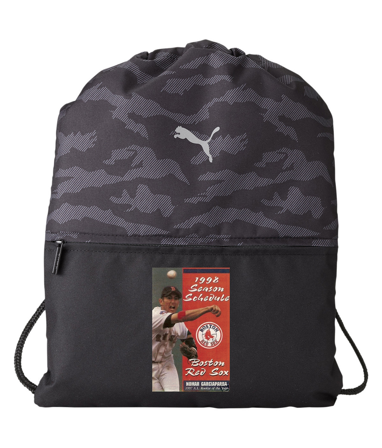 Boston Red Sox Pocket Schedule 1998 Baseball Logo Symbol Emblem Customized Design on Camo Drawstring Backpack Bag