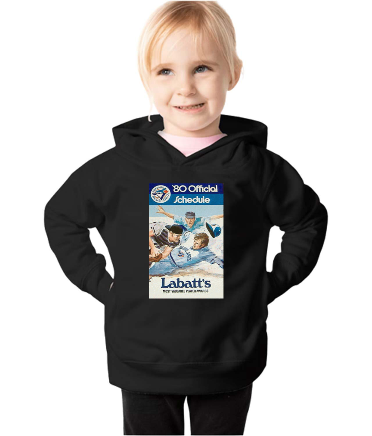 Toronto Blue Jays Pocket Schedule 1980 Baseball Logo Symbol Emblem Customized Design on Toddler Pullover Fleece Hoodie