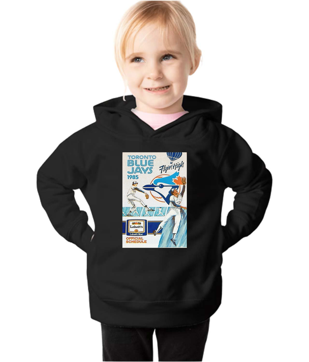 Toronto Blue Jays Pocket Schedule 1985 Baseball Logo Symbol Emblem Customized Design on Toddler Pullover Fleece Hoodie