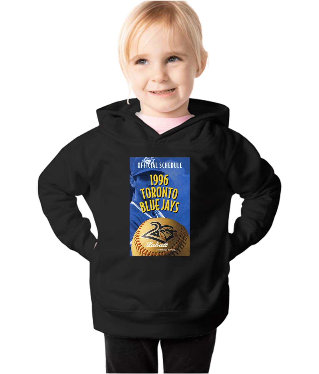Toronto Blue Jays Pocket Schedule 1996 Baseball Logo Symbol Emblem Customized Design on Toddler Pullover Fleece Hoodie