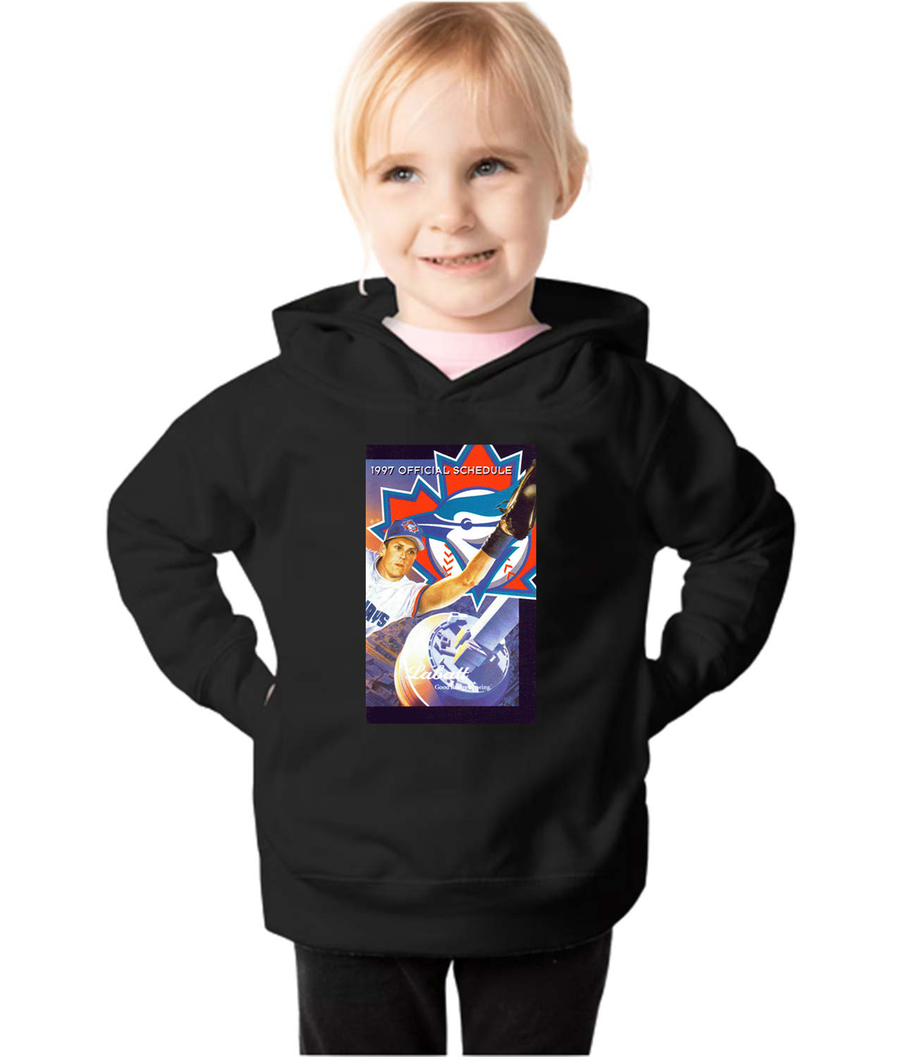 Toronto Blue Jays Pocket Schedule 1997 Baseball Logo Symbol Emblem Customized Design on Toddler Pullover Fleece Hoodie