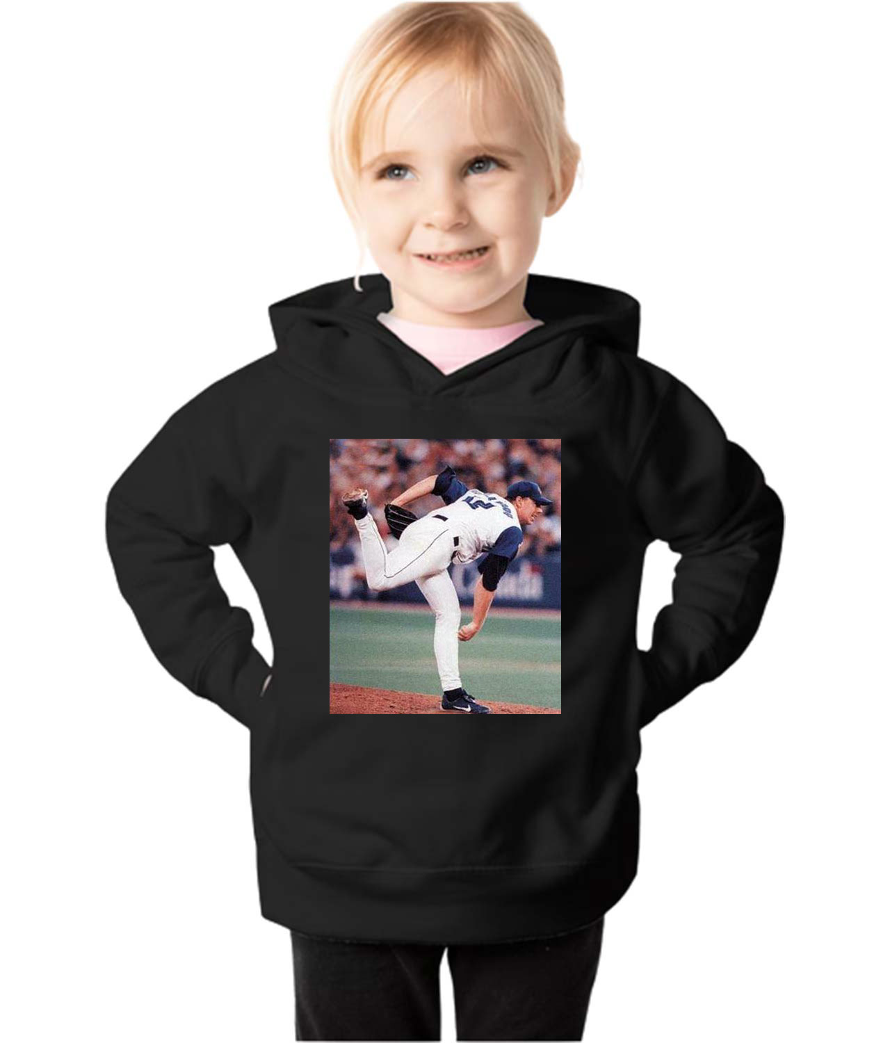 2001 Roy Halladay Pitch Toronto Blue Jays Photo Baseball Logo Symbol Emblem Customized Design on Toddler Pullover Fleece Hoodie