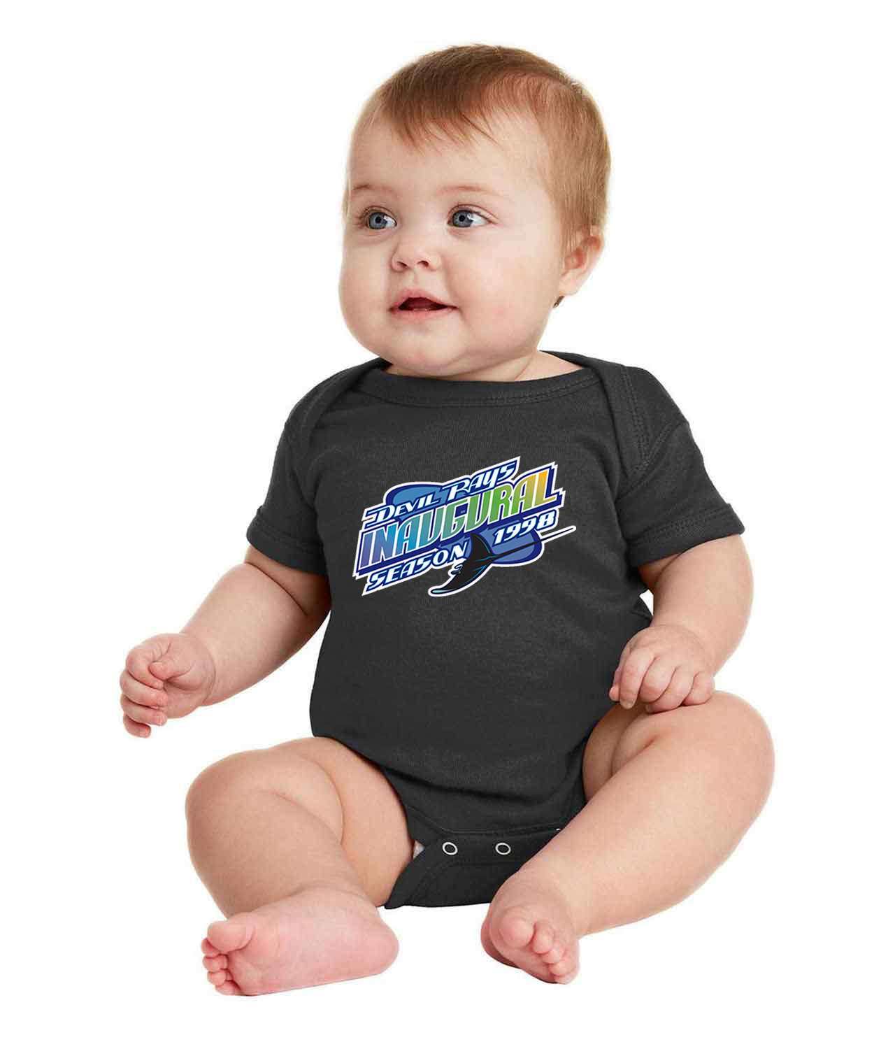 Tampa Bay Devil Rays Inaugural Season 1998 Baseball Logo Symbol Emblem Customized Design on Infant Baby Rib Bodysuit