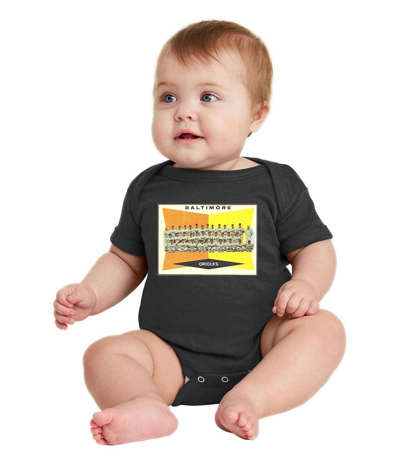 1959 Season Baltimore Orioles Photo Baseball Logo Symbol Emblem Customized Design on Infant Baby Rib Bodysuit