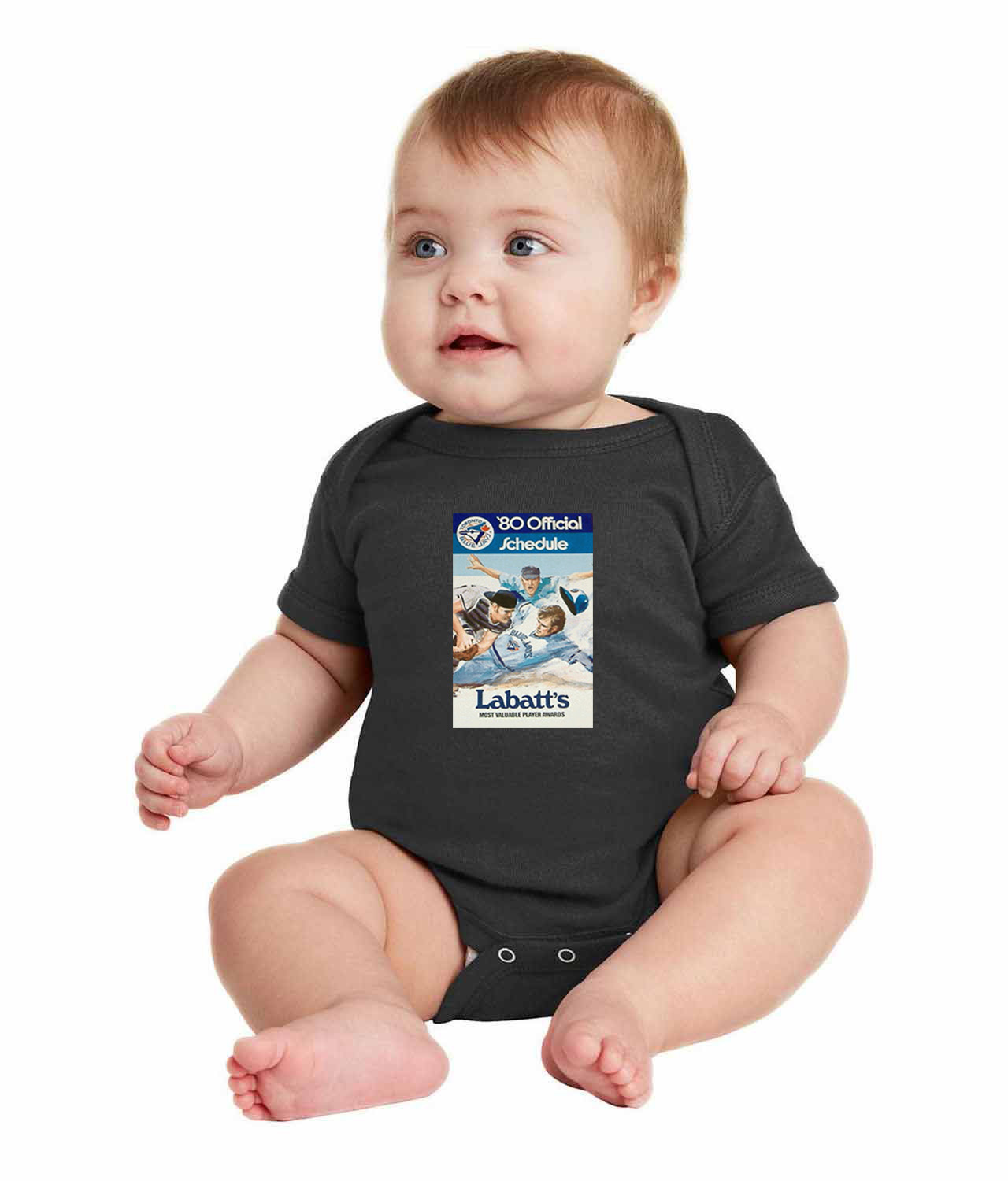 Toronto Blue Jays Pocket Schedule 1980 Baseball Logo Symbol Emblem Customized Design on Infant Baby Rib Bodysuit