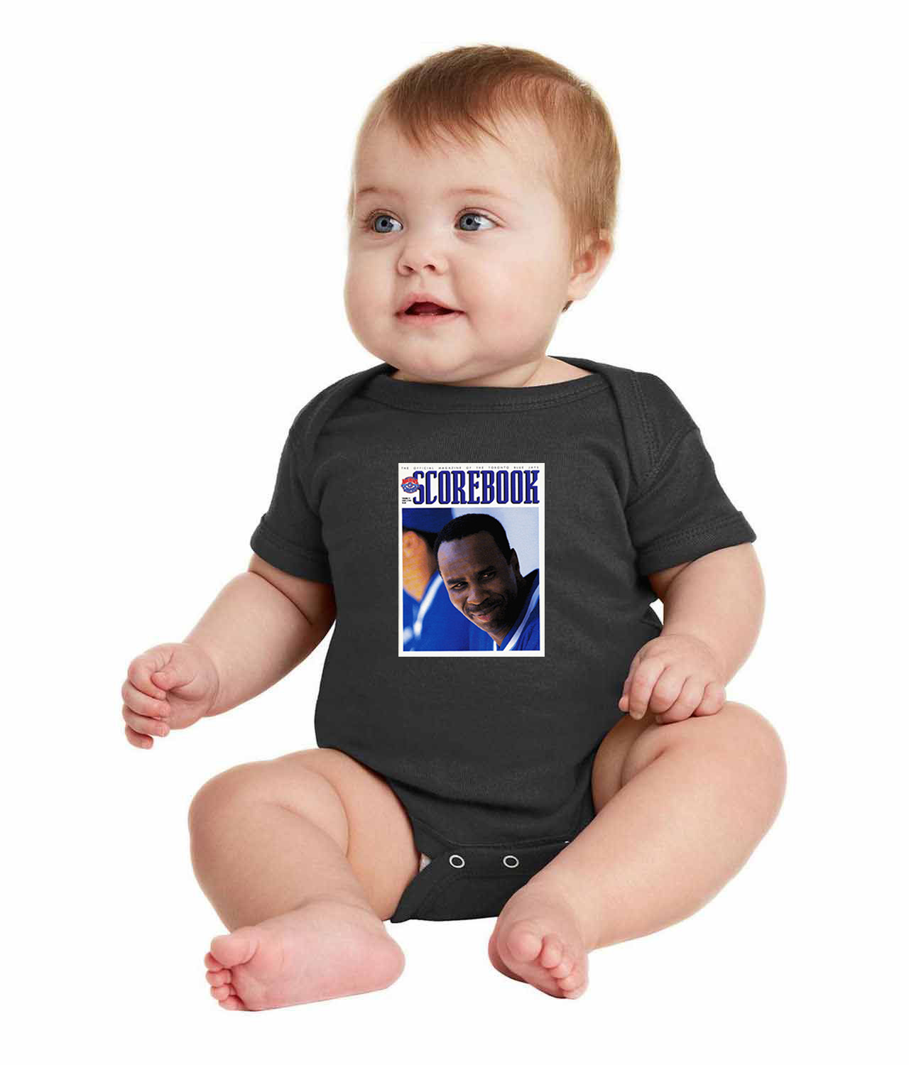 1995 Toronto Blue Jays Game Program - Devon White Baseball Logo Symbol Emblem Customized Design on Infant Baby Rib Bodysuit - Image 1