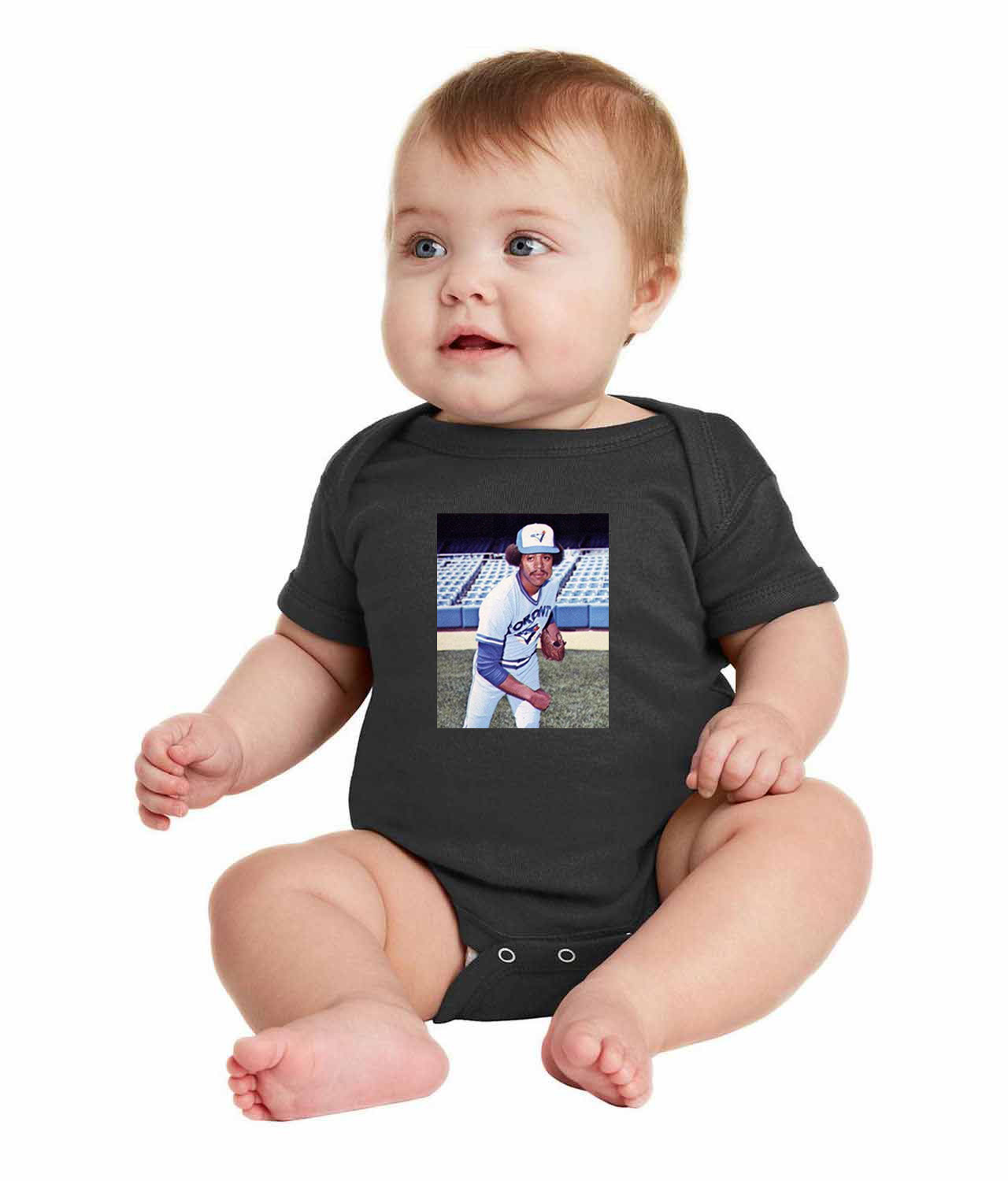 1977 Jesse Jefferson Toronto Blue Jays Photo Baseball Logo Symbol Emblem Customized Design on Infant Baby Rib Bodysuit