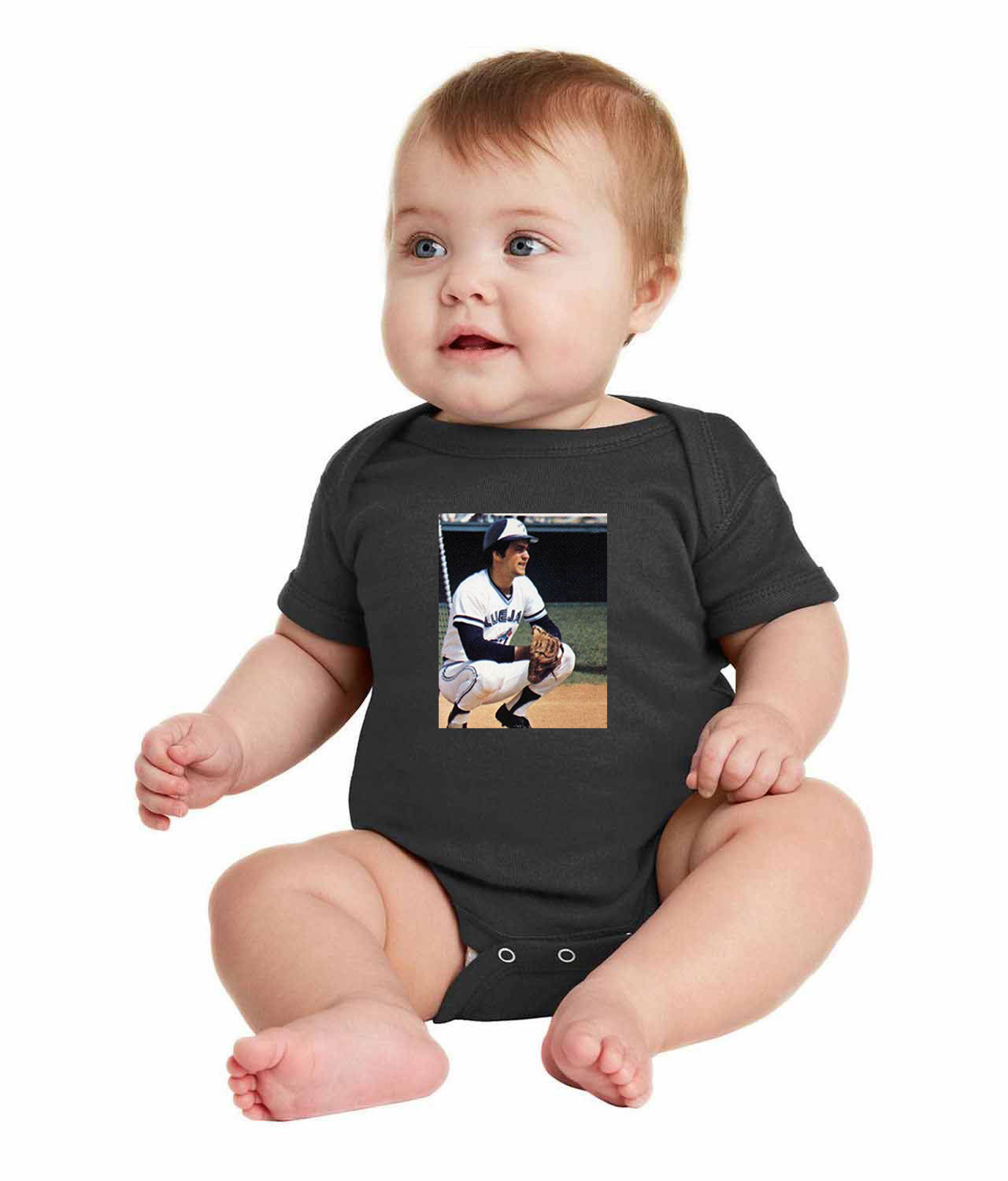 1977 Rick Cerone Toronto Blue Jays Photo Baseball Logo Symbol Emblem Customized Design on Infant Baby Rib Bodysuit