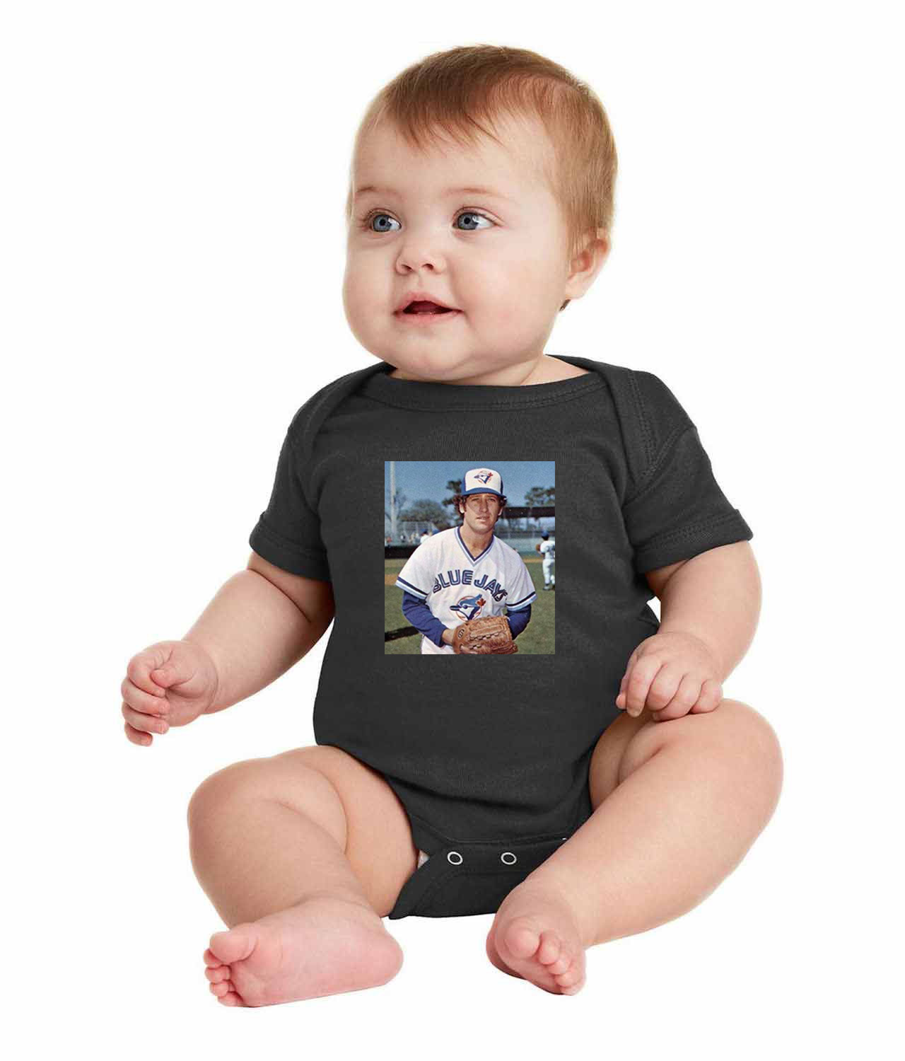 1977 Mike Willis Toronto Blue Jays Photo Baseball Logo Symbol Emblem Customized Design on Infant Baby Rib Bodysuit