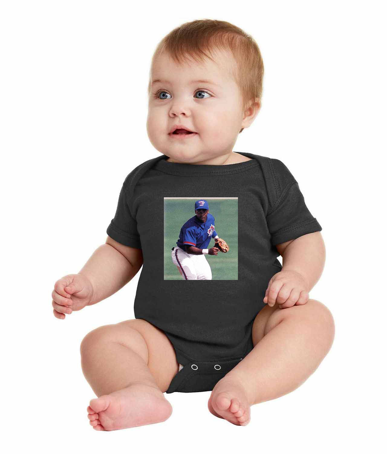 2000 Homer Bush Toronto Blue Jays Photo Baseball Logo Symbol Emblem Customized Design on Infant Baby Rib Bodysuit