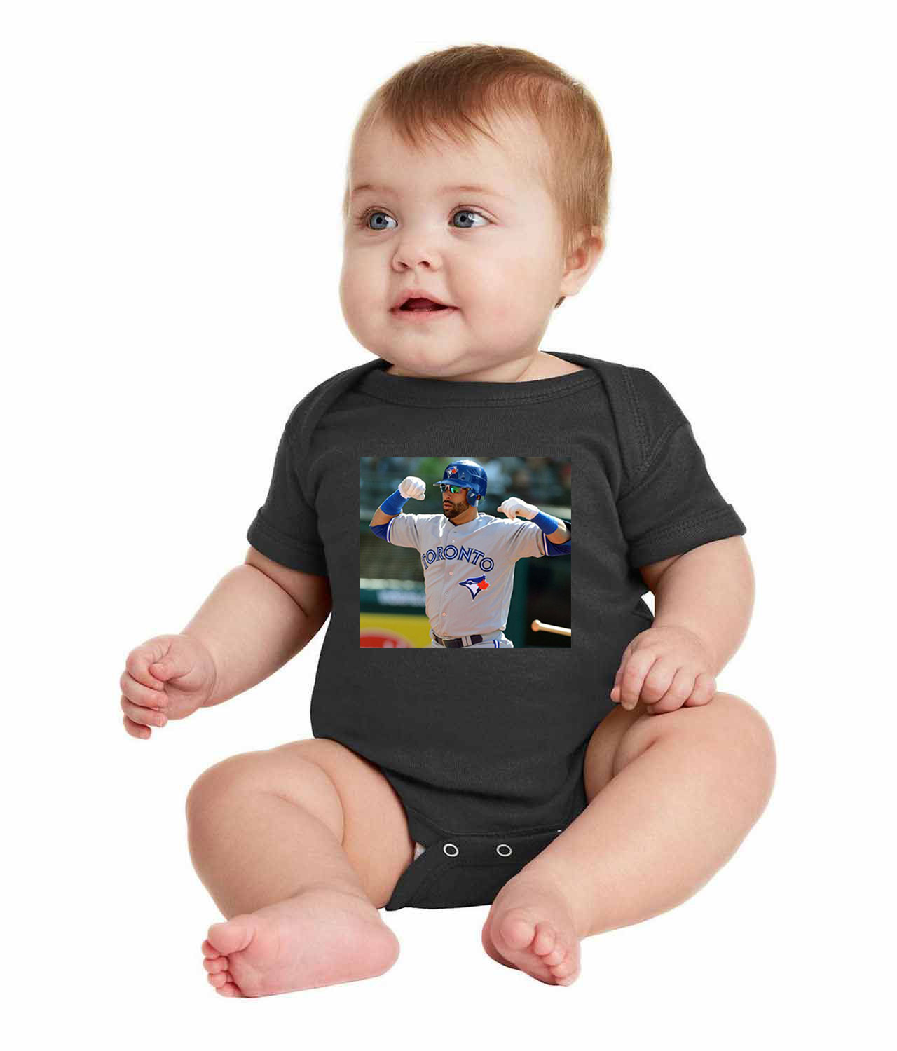 2012 Jose Bautista Road Uniform Toronto Blue Jays Photo Baseball Logo Symbol Emblem Customized Design on Infant Baby Rib Bodysuit