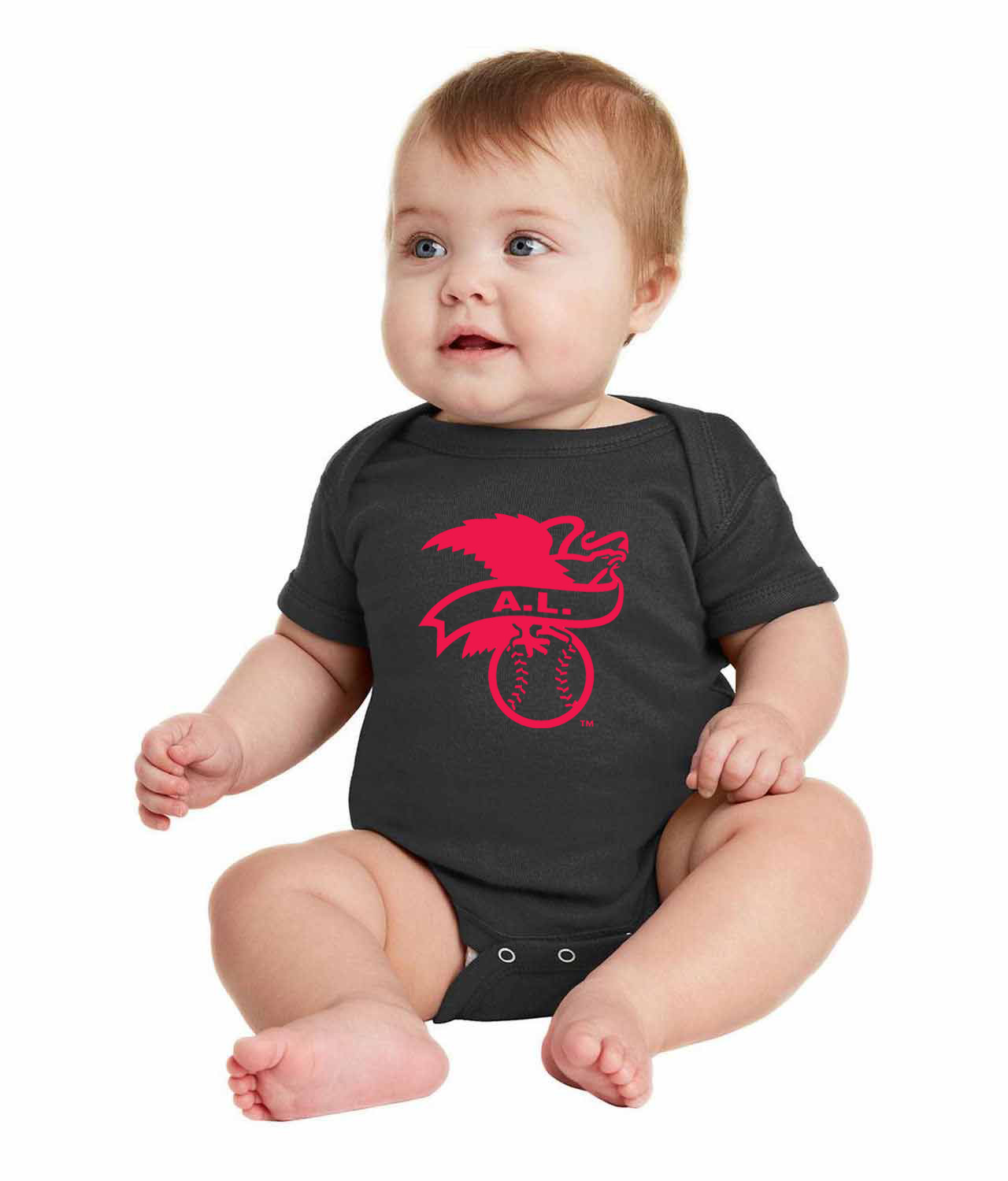 American Baseball League 1998 Red A.L. Logo Symbol Emblem Customized Design on Infant Baby Rib Bodysuit