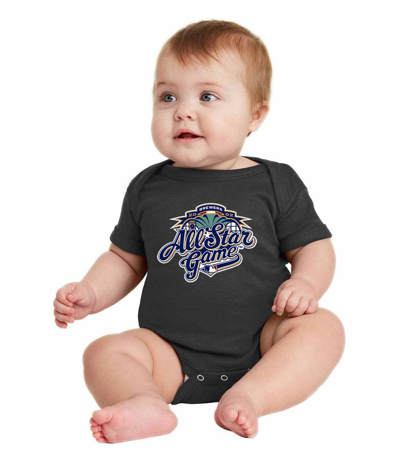 2002 MLB All-Star Game Miller Park Milwaukee Wisconsin Baseball Logo Symbol Emblem Customized Design on Infant Baby Rib Bodysuit