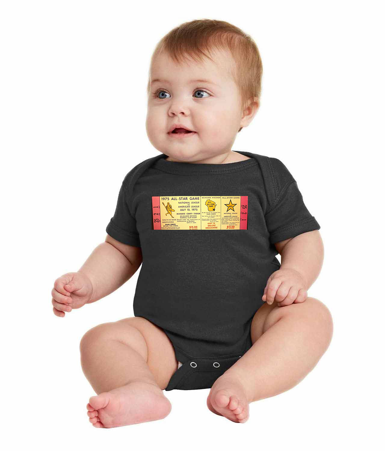 1975 MLB All-Star Game Ticket Stub Baseball Logo Symbol Emblem Customized Design on Infant Baby Rib Bodysuit