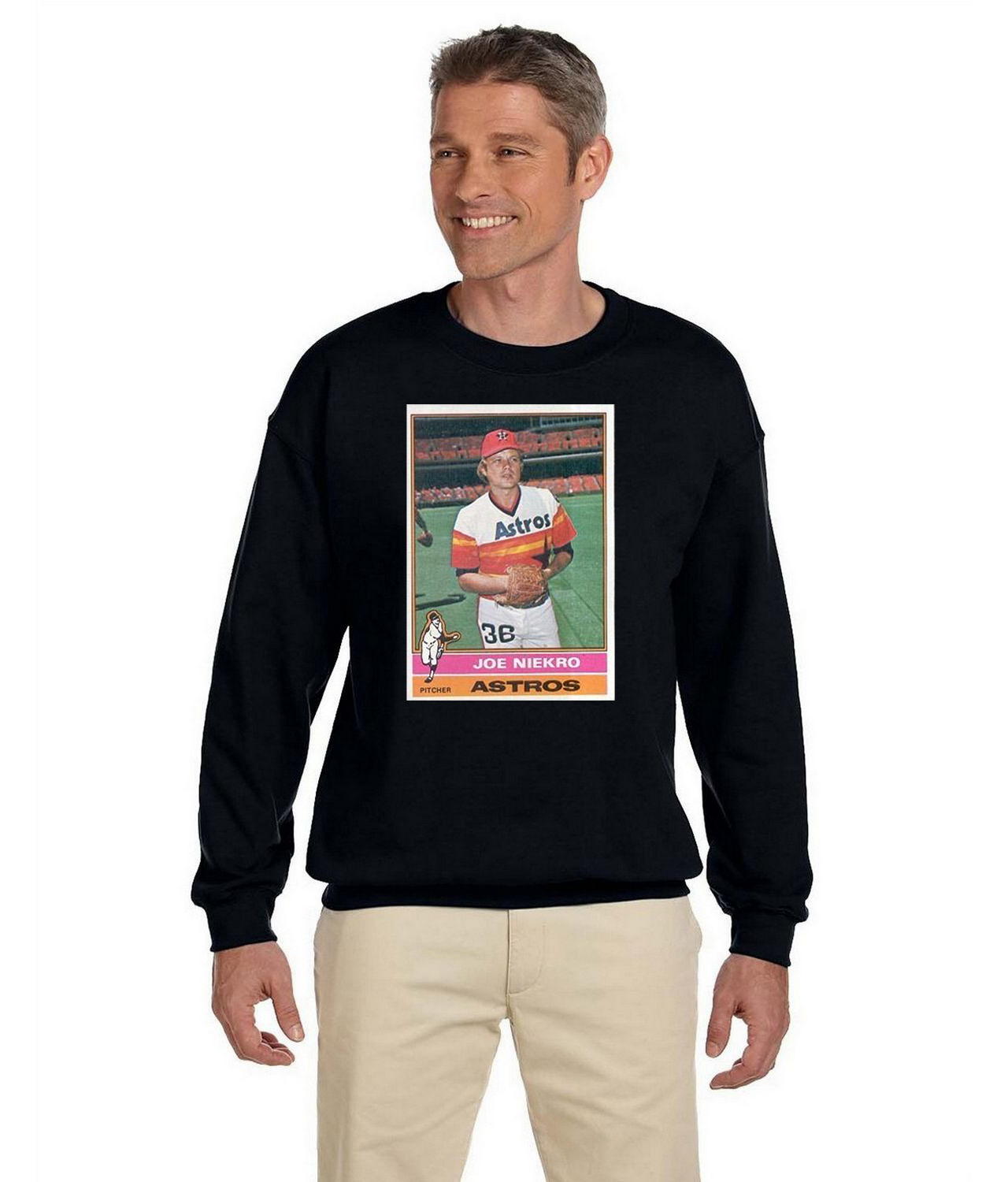 1975 Joe Niekro Houston Astros Photo Baseball Logo Symbol Emblem Customized Design on Unisex Crewneck Sweatshirt