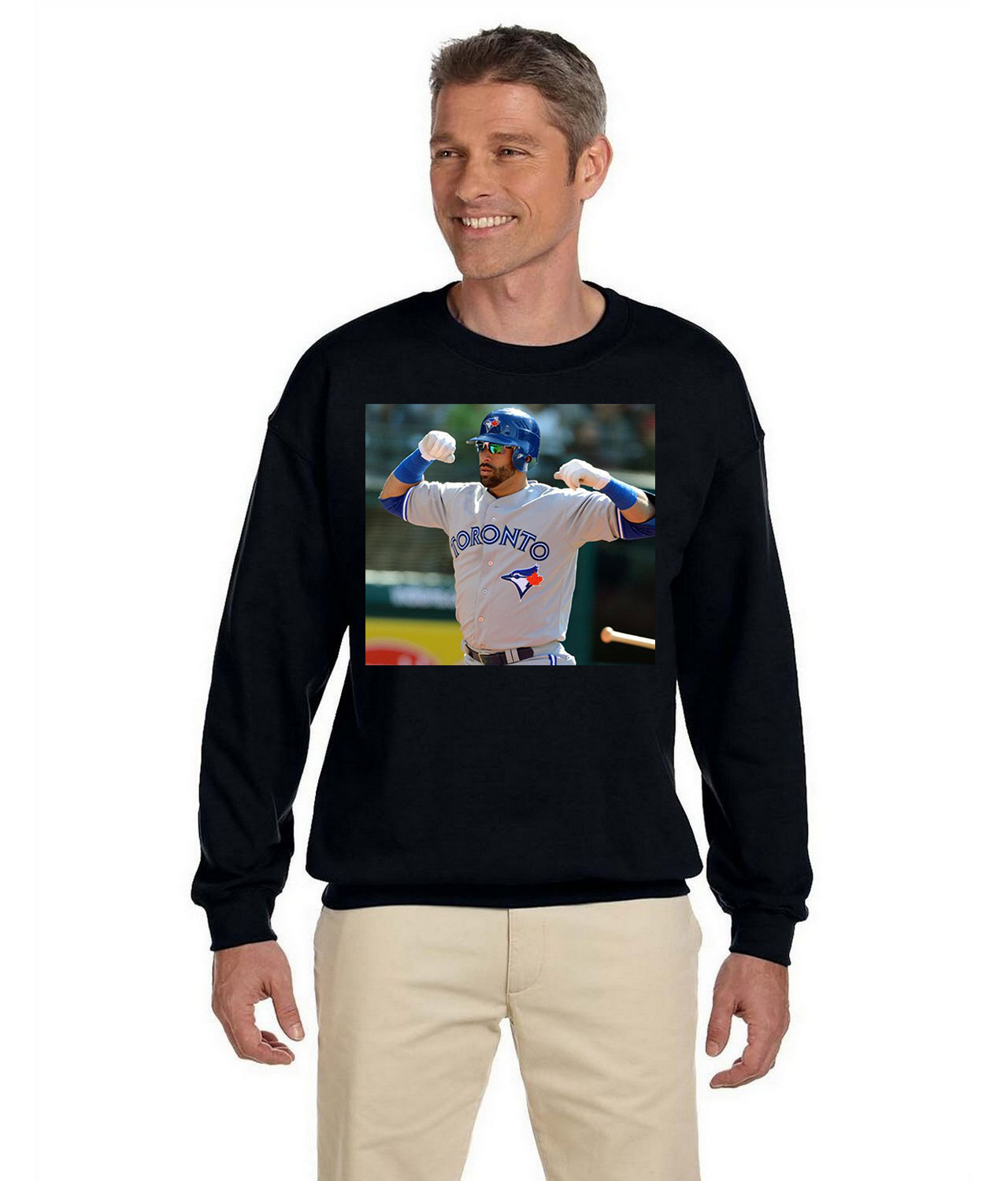 2012 Jose Bautista Road Uniform Toronto Blue Jays Photo Baseball Logo Symbol Emblem Customized Design on Unisex Crewneck Sweatshirt