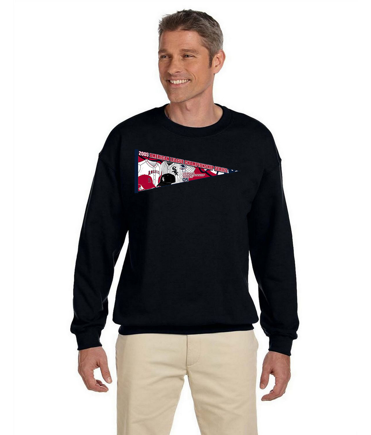 ALCS 2005 ALCS Chicago White Sox Vs. Los Angeles Angels Of Anaheim Baseball Logo Symbol Emblem Customized Design on Unisex Crewneck Sweatshirt