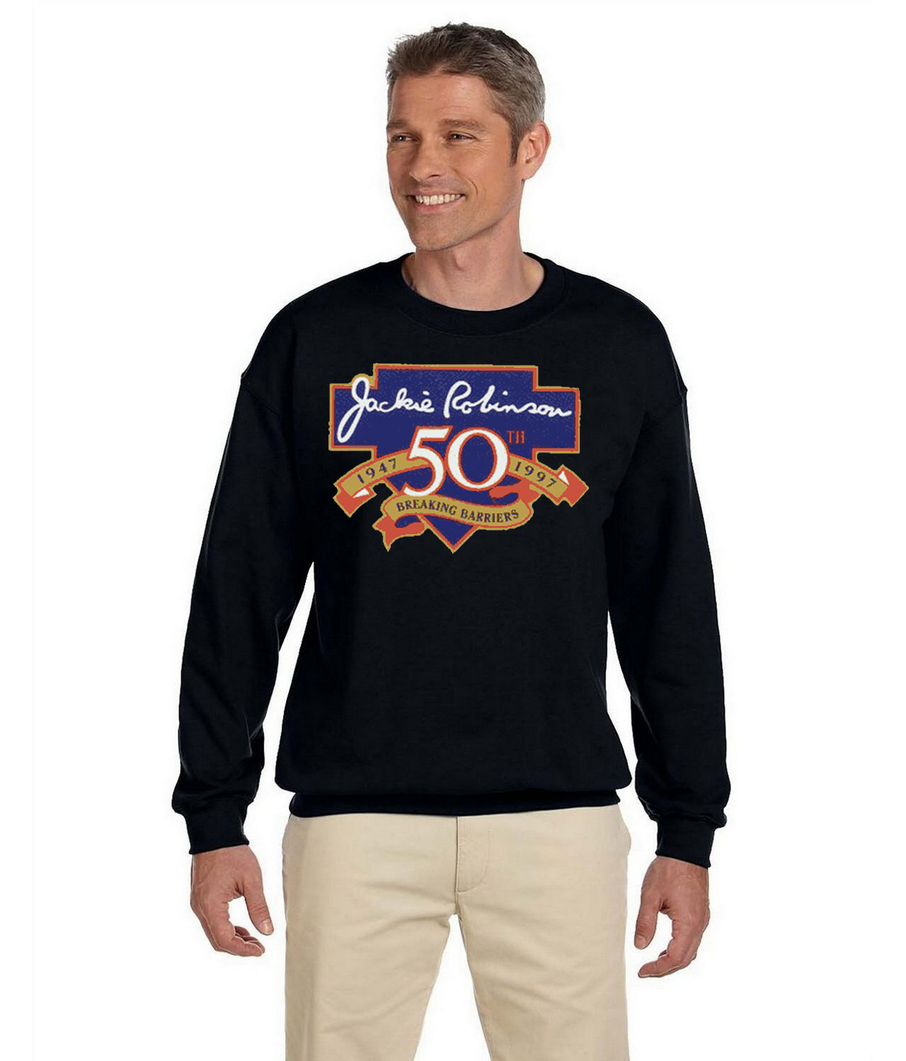 Major League Baseball 50th Anniversary Of The Jackie Robinson's Debut Baseball Logo Symbol Emblem Customized Design on Unisex Crewneck Sweatshirt