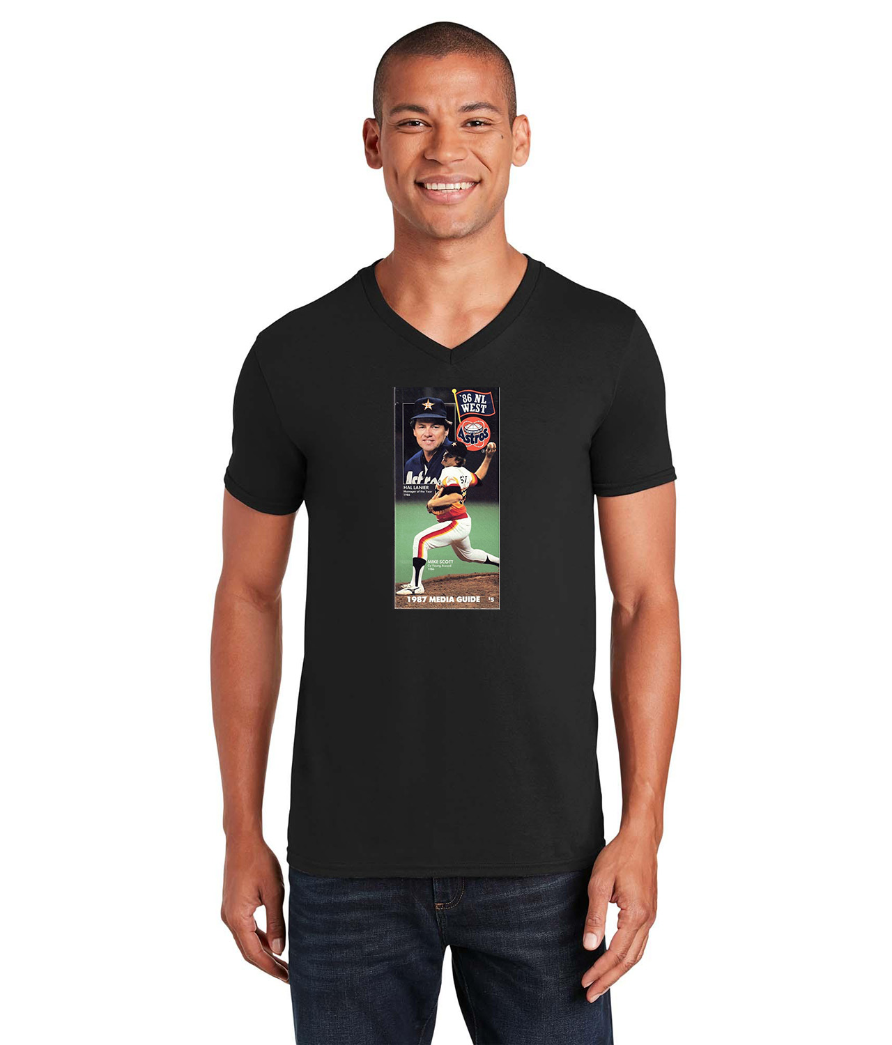 1987 Houston Astros Media Guide, Mike Scott and Hal Lanier National League (NL) Baseball Logo Emblem Customized Design on Unisex V-Neck T-Shirt Tee