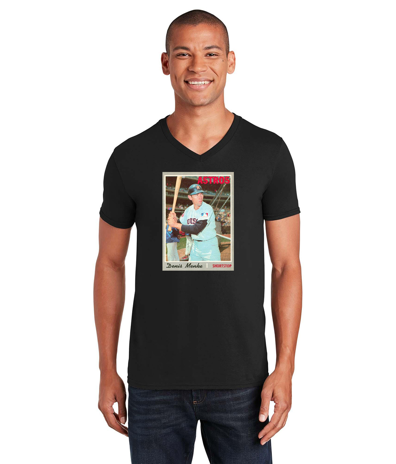 1969 Denis Menke Houston Astros Photo Baseball Logo Symbol Emblem Customized Design on Unisex V-Neck T-Shirt Tee