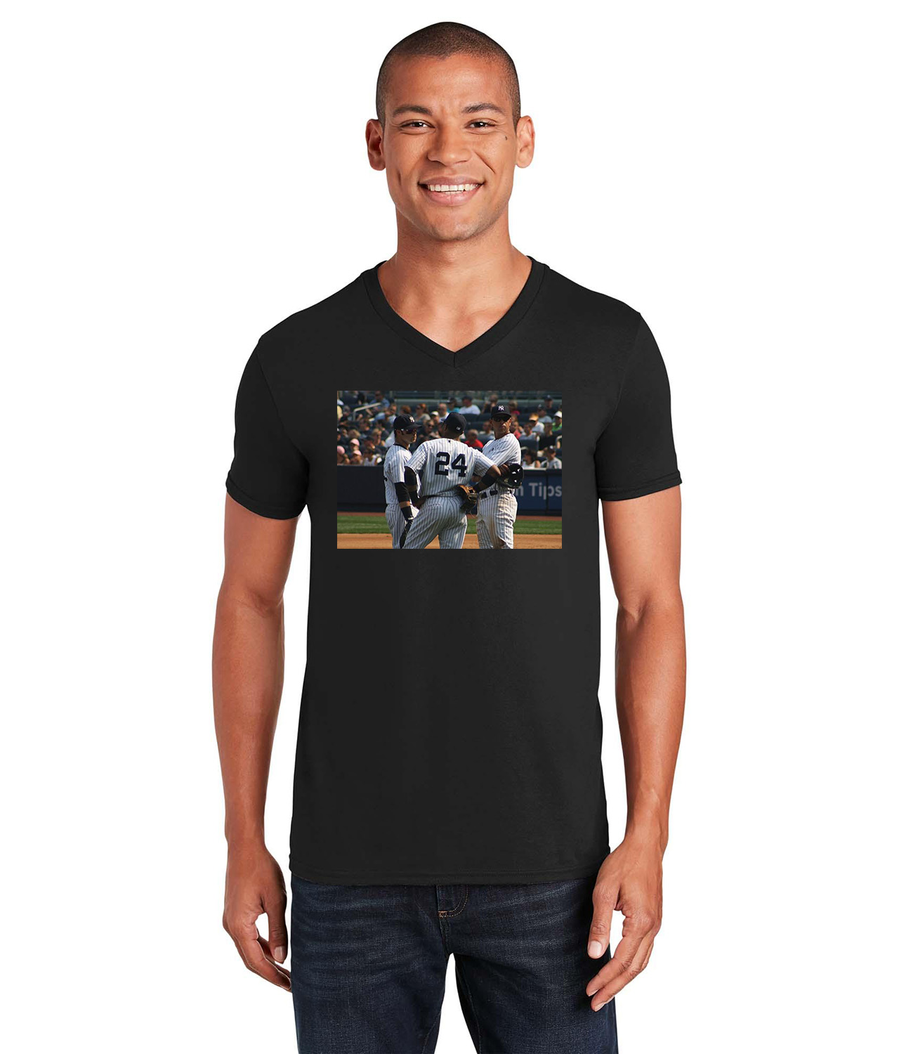 2011 24 New York Yankees Photo Baseball Logo Symbol Emblem Customized Design on Unisex V-Neck T-Shirt Tee