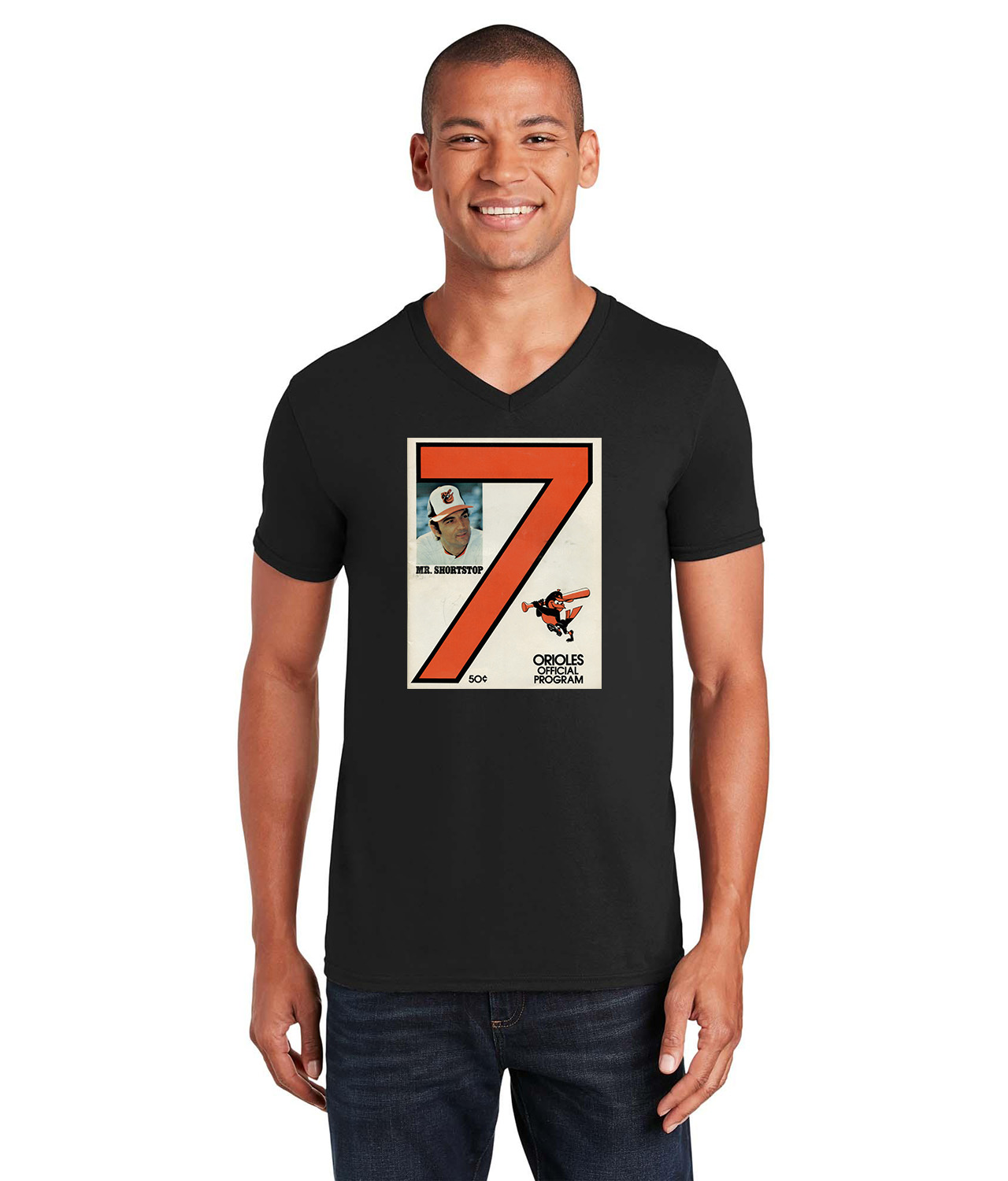 Baltimore Orioles Official Program 1977 Baseball Logo Symbol Emblem Customized Design on Unisex V-Neck T-Shirt Tee