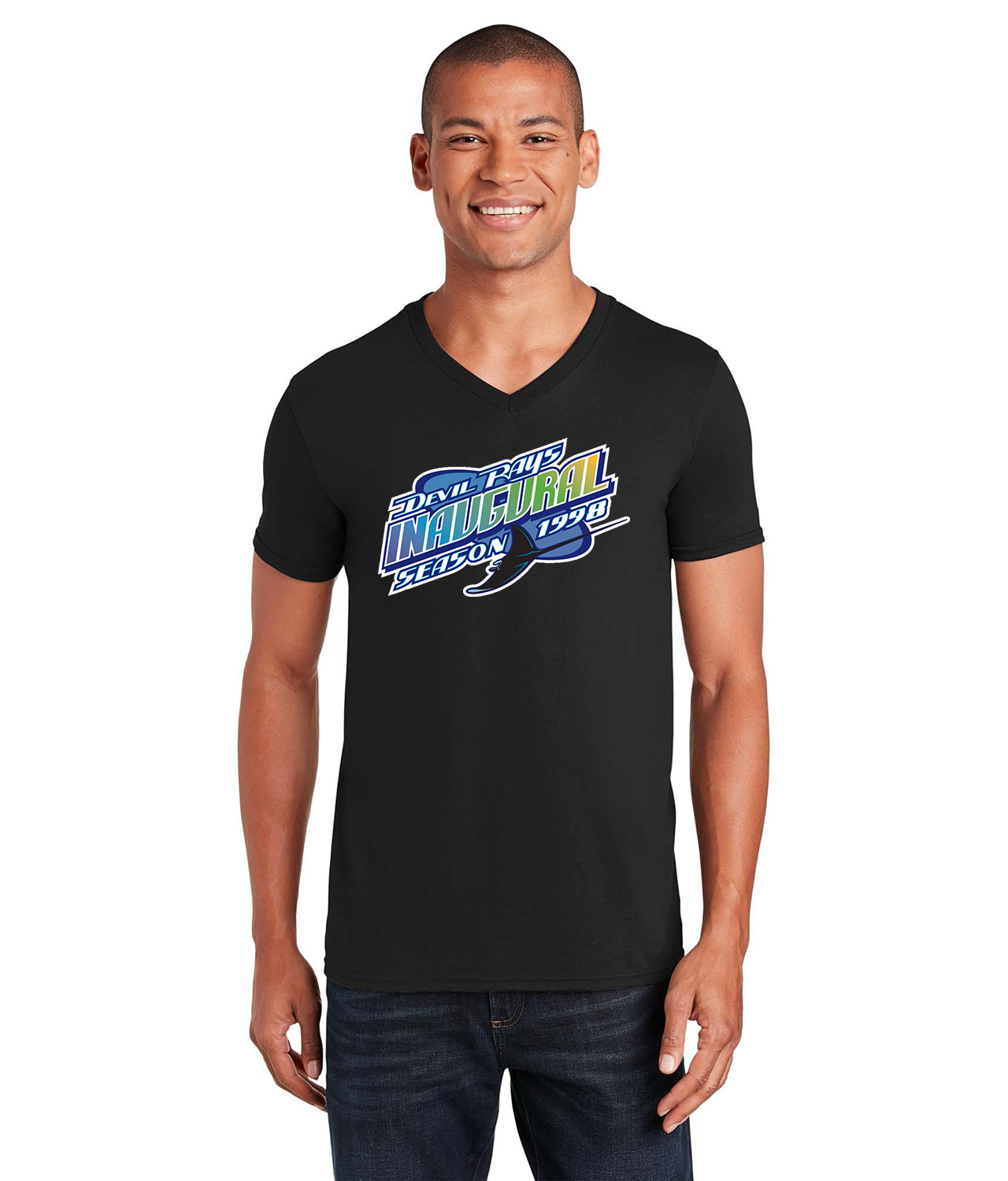 Tampa Bay Devil Rays Inaugural Season 1998 Baseball Logo Symbol Emblem Customized Design on Unisex V-Neck T-Shirt Tee