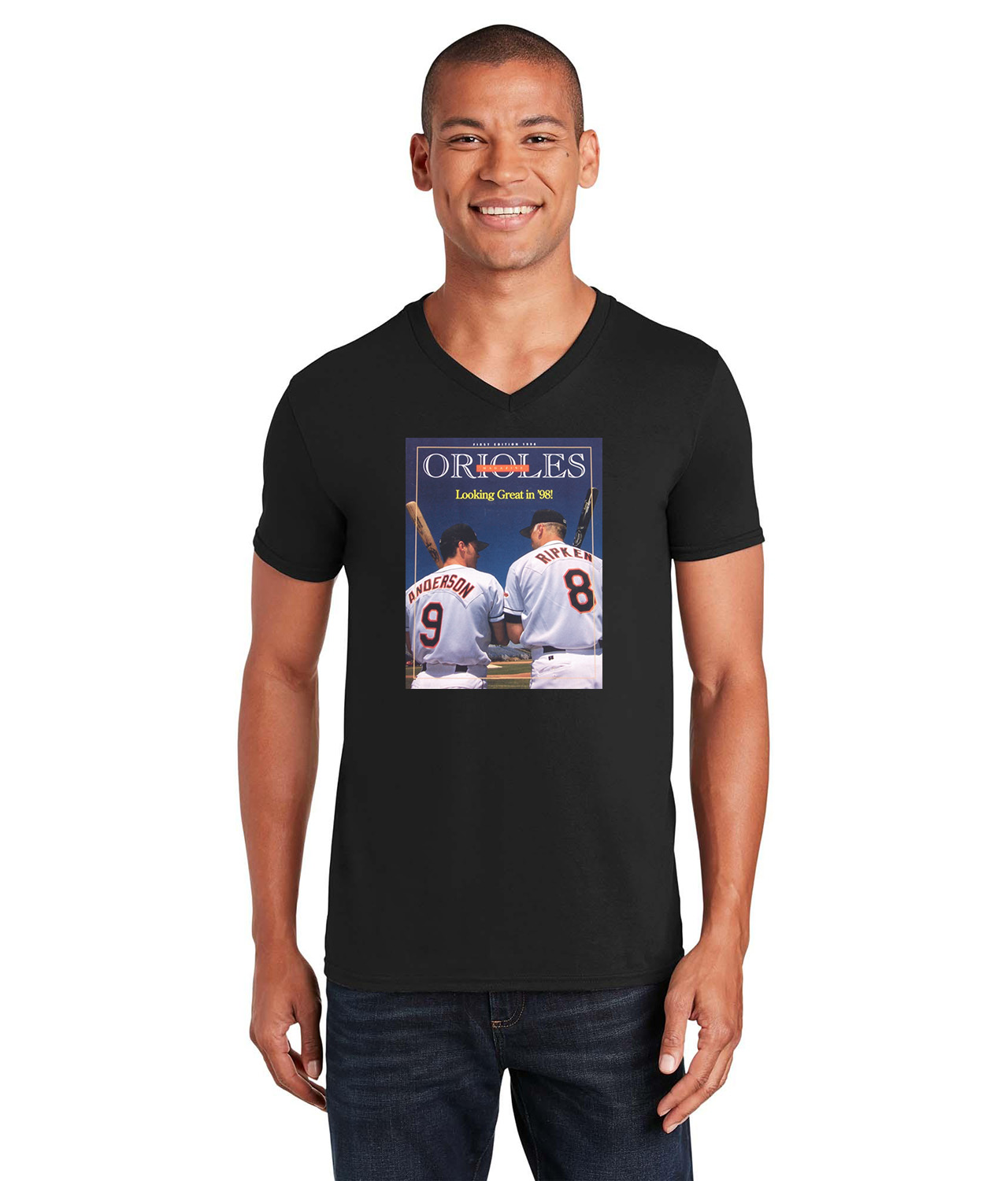 1998 Baltimore Orioles Game Program Baseball Logo Symbol Emblem Customized Design on Unisex V-Neck T-Shirt Tee