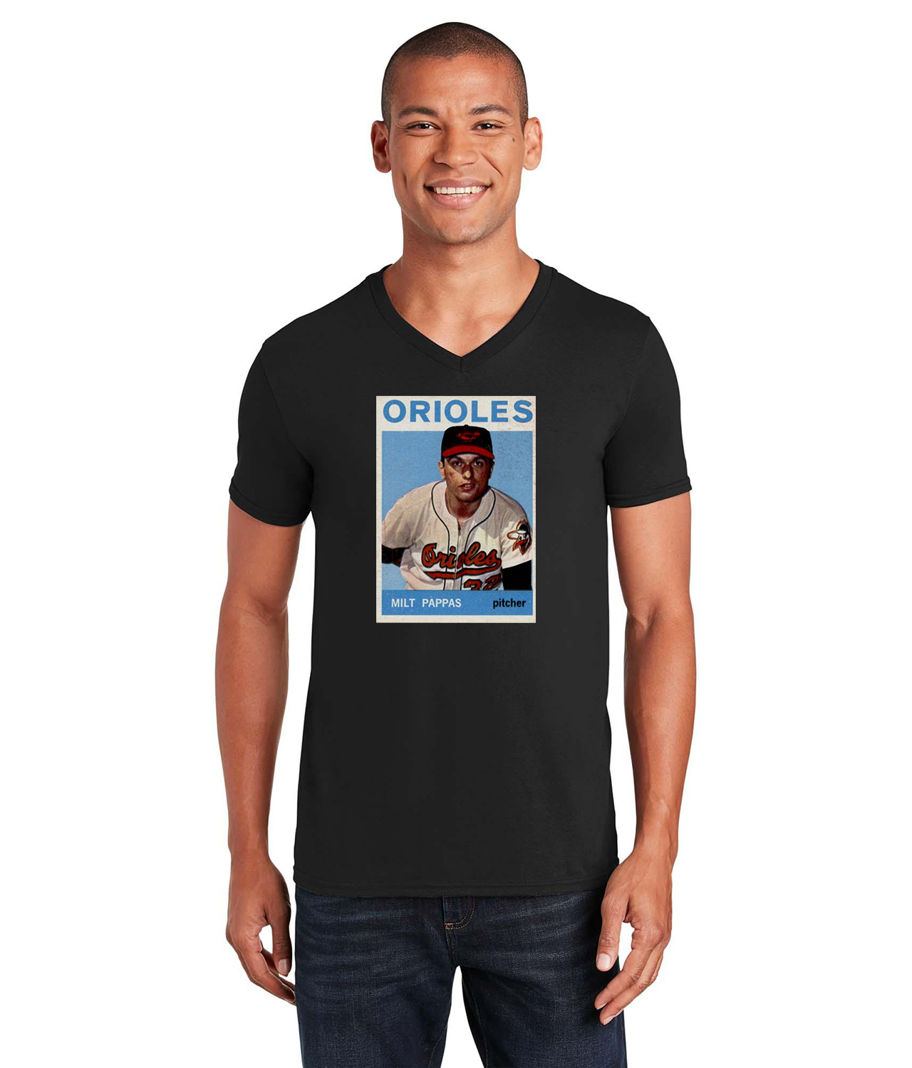 1964 Baltimore Orioles Milt Pappas Pitcher Photo Baseball Logo Symbol Emblem Customized Design on Unisex V-Neck T-Shirt Tee