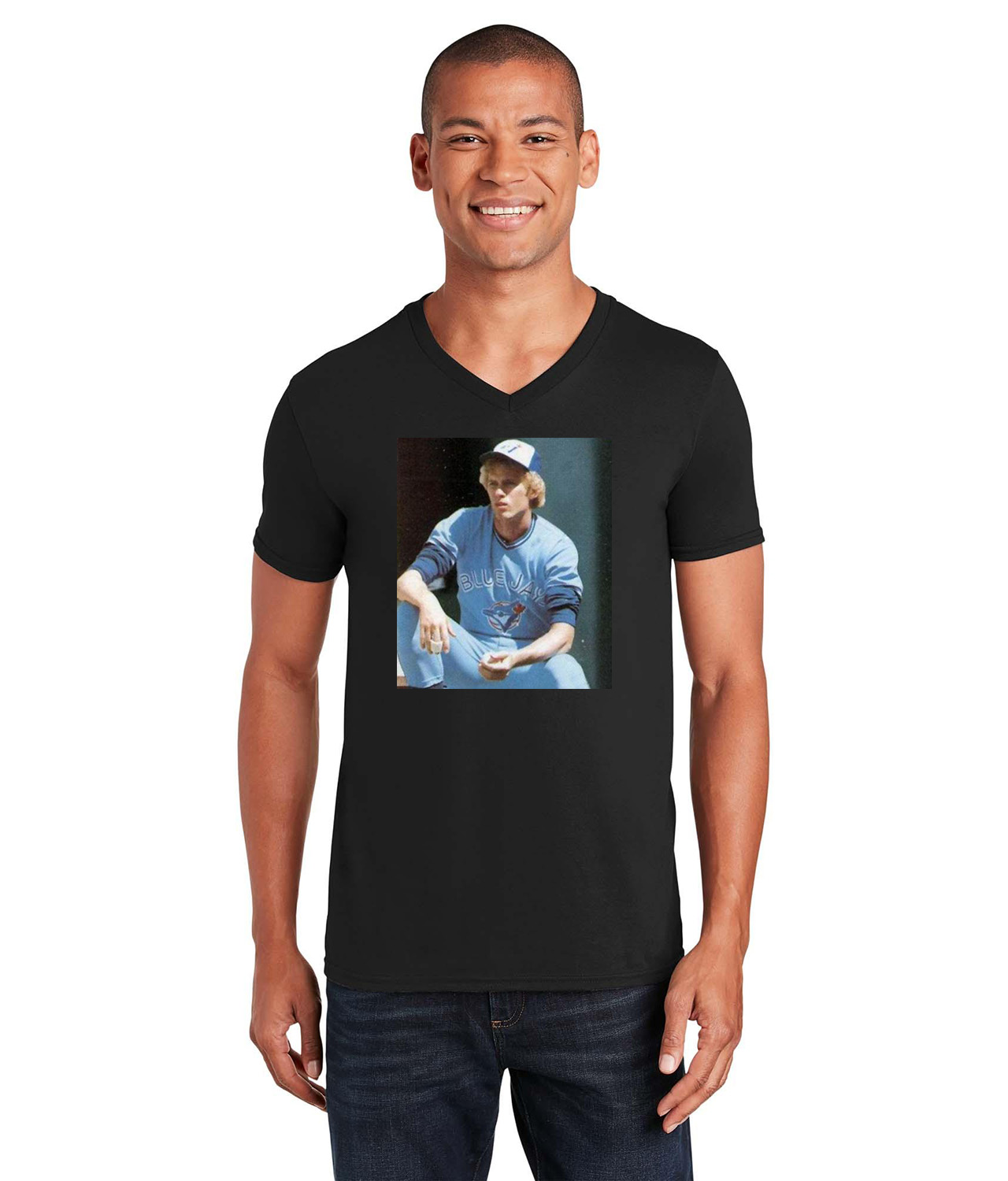 1979 Jerry Garvin Toronto Blue Jays Photo Baseball Logo Symbol Emblem Customized Design on Unisex V-Neck T-Shirt Tee