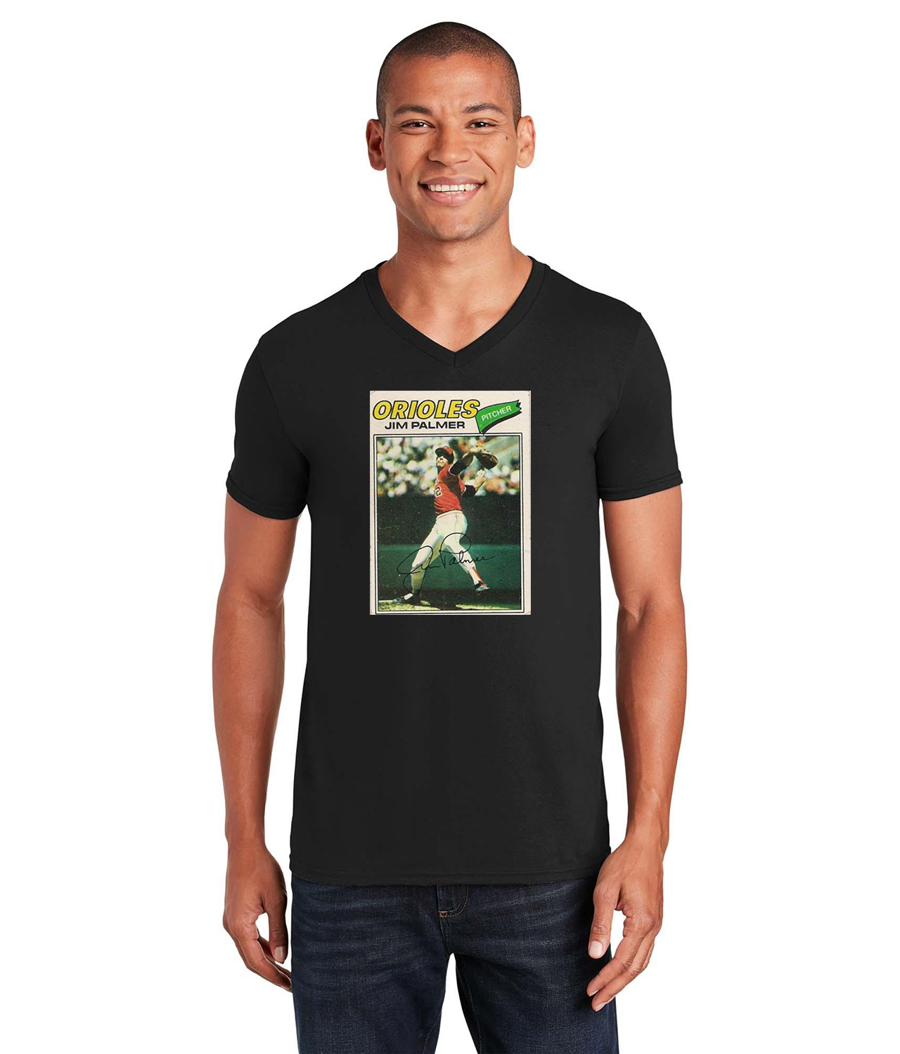 1977 Baltimore Orioles Jim Palmer Pitcher Photo Baseball Logo Symbol Emblem Customized Design on Unisex V-Neck T-Shirt Tee