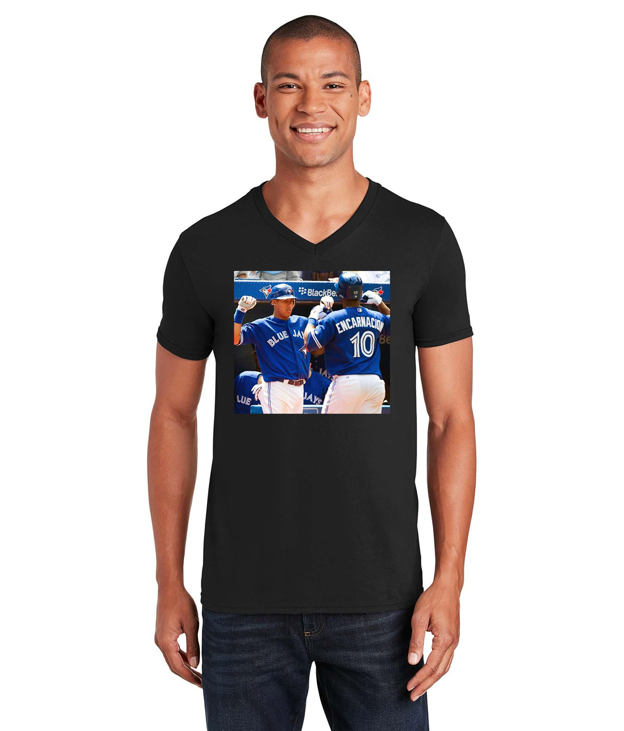 2012 Edwin Encarnacion & Yunel Escobar Toronto Blue Jays Photo Baseball Logo Symbol Emblem Customized Design on Unisex V-Neck T-Shirt Tee