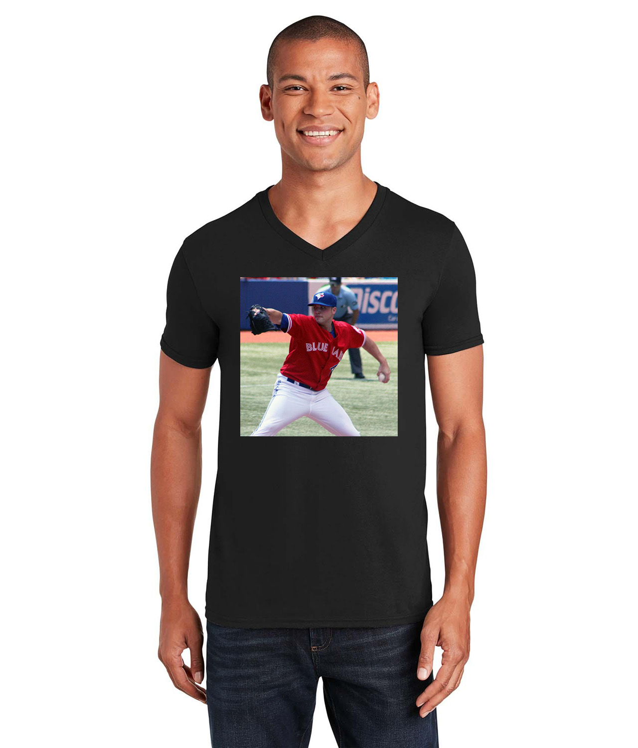 2012 Aaron Laffey Toronto Blue Jays Photo Baseball Logo Symbol Emblem Customized Design on Unisex V-Neck T-Shirt Tee