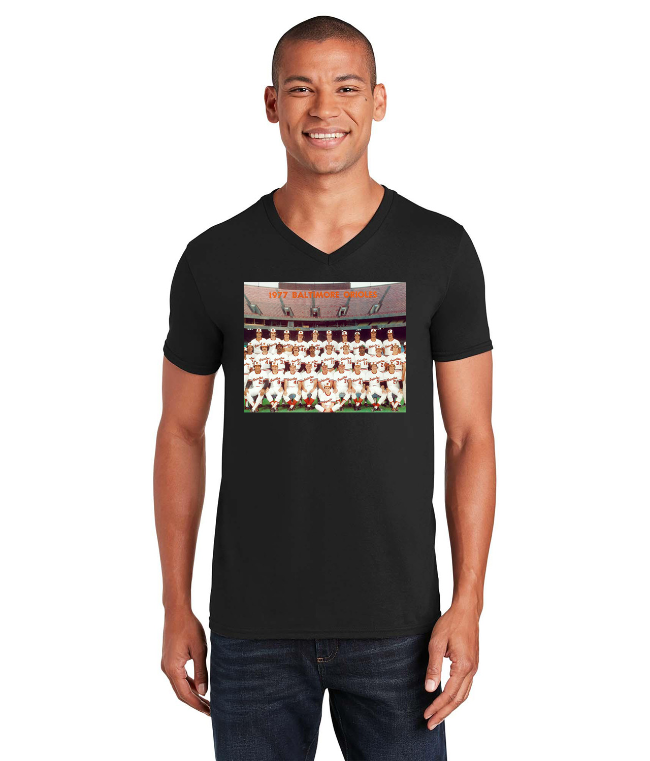 1977 Season Baltimore Orioles Photo Baseball Logo Symbol Emblem Customized Design on Unisex V-Neck T-Shirt Tee