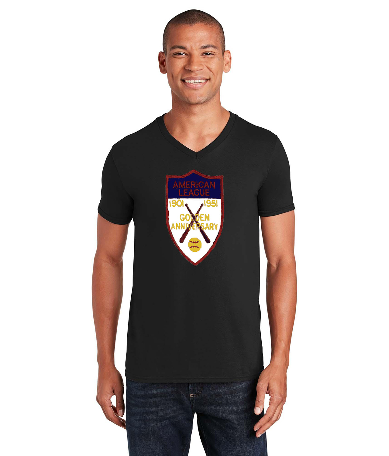 50th Anniversary Of The American Baseball League Logo Emblem Customized Design on Unisex V-Neck T-Shirt Tee