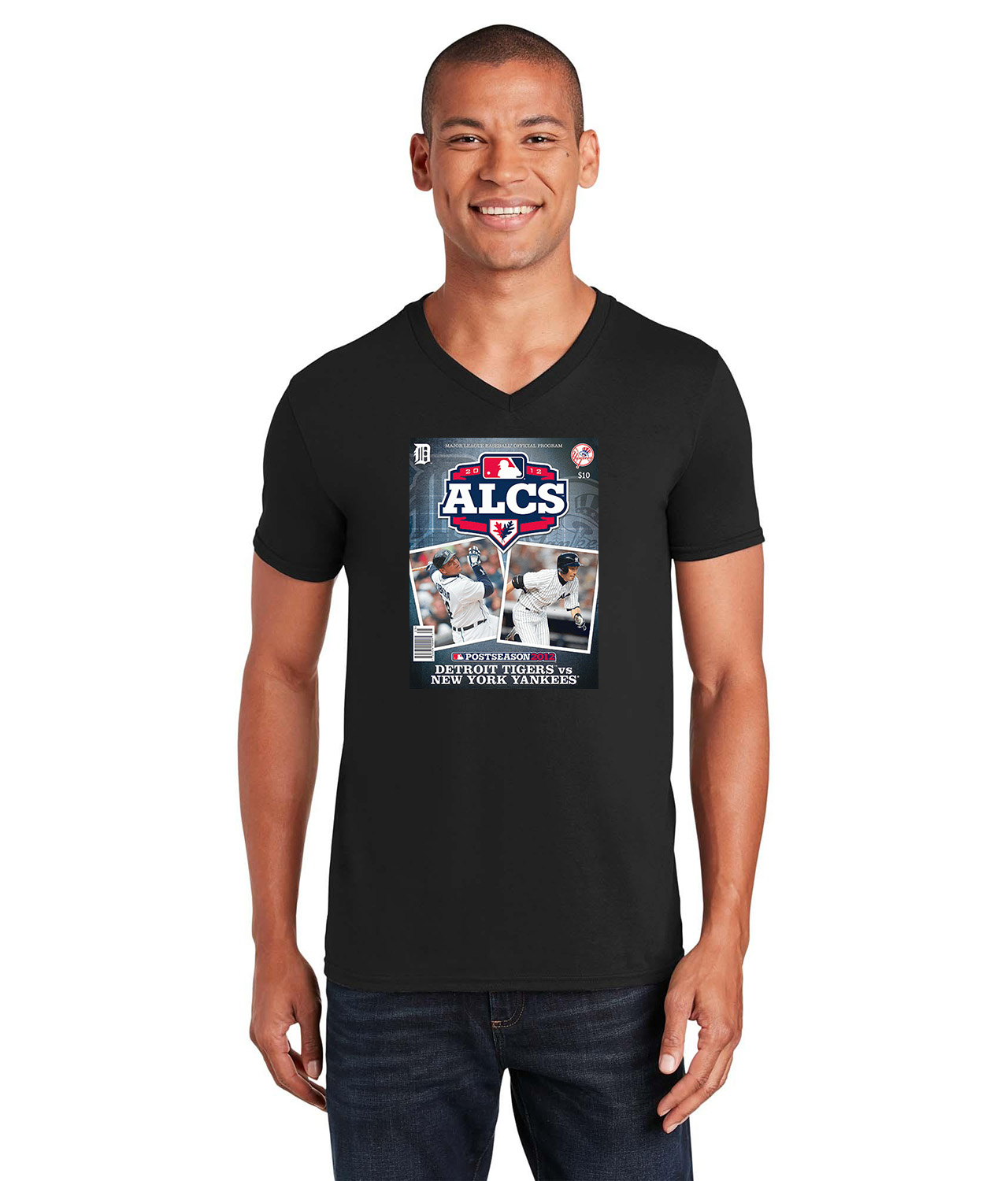 2012 ALCS Program - New York Yankees vs Detroit Tigers Baseball Logo Symbol Emblem Customized Design on Unisex V-Neck T-Shirt Tee