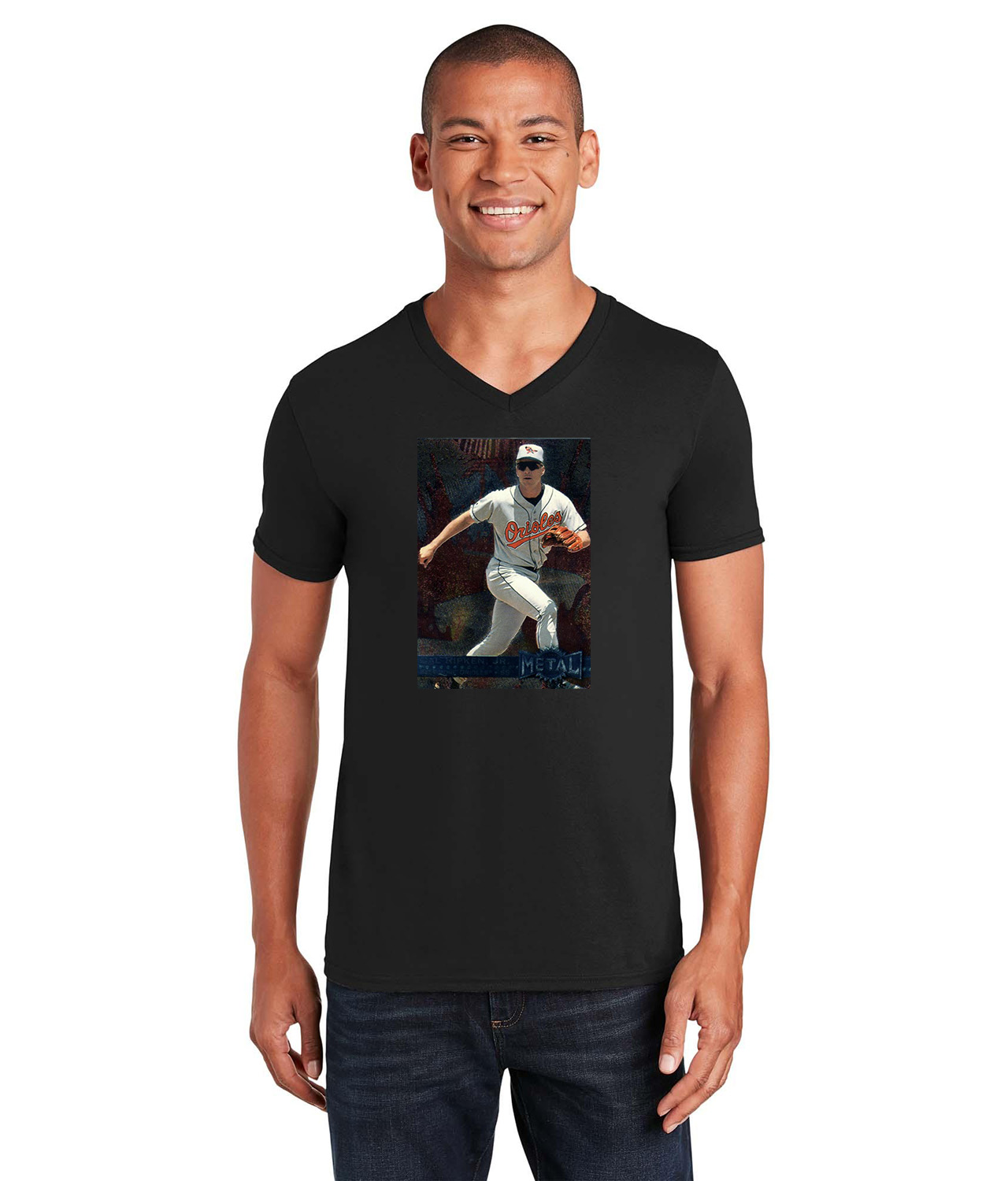 1995 Baltimore Orioles Cal Ripken Photo Baseball Logo Symbol Emblem Customized Design on Unisex V-Neck T-Shirt Tee