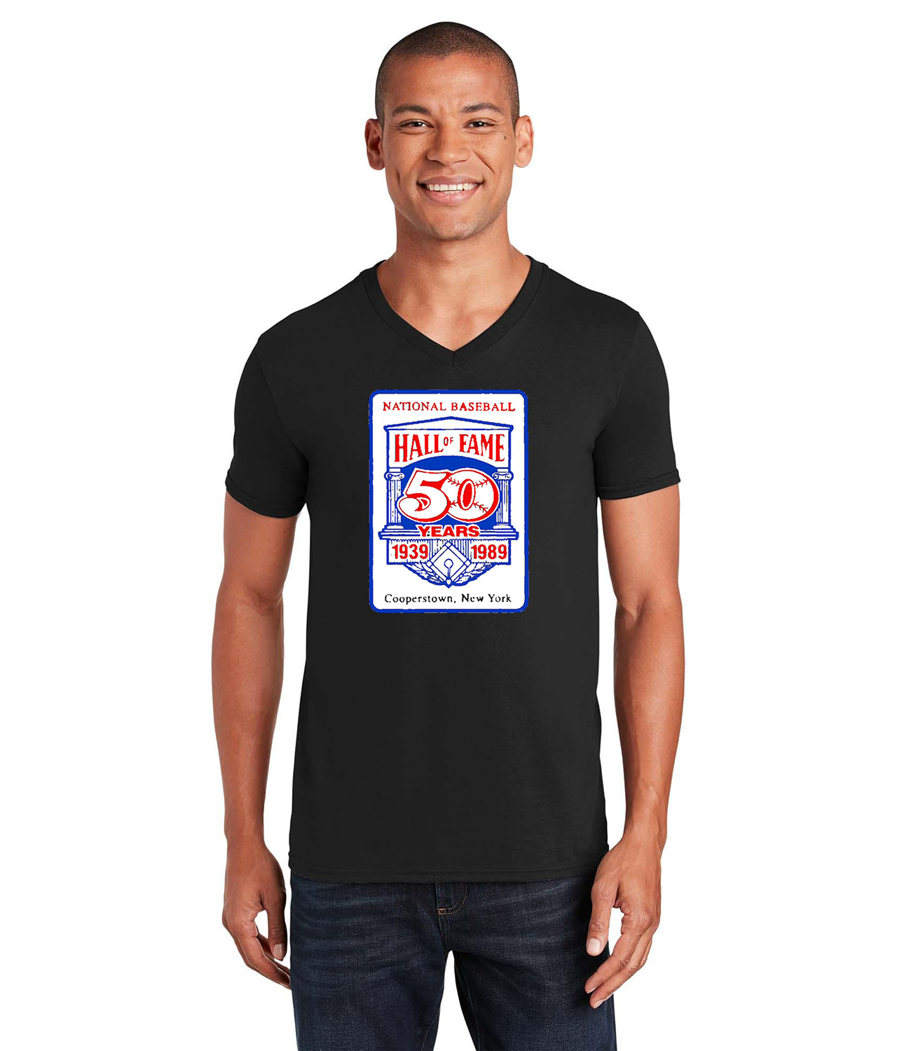 Major League Baseball 50th Anniversary Of The Baseball Hall Of Fame Logo Emblem Customized Design on Unisex V-Neck T-Shirt Tee