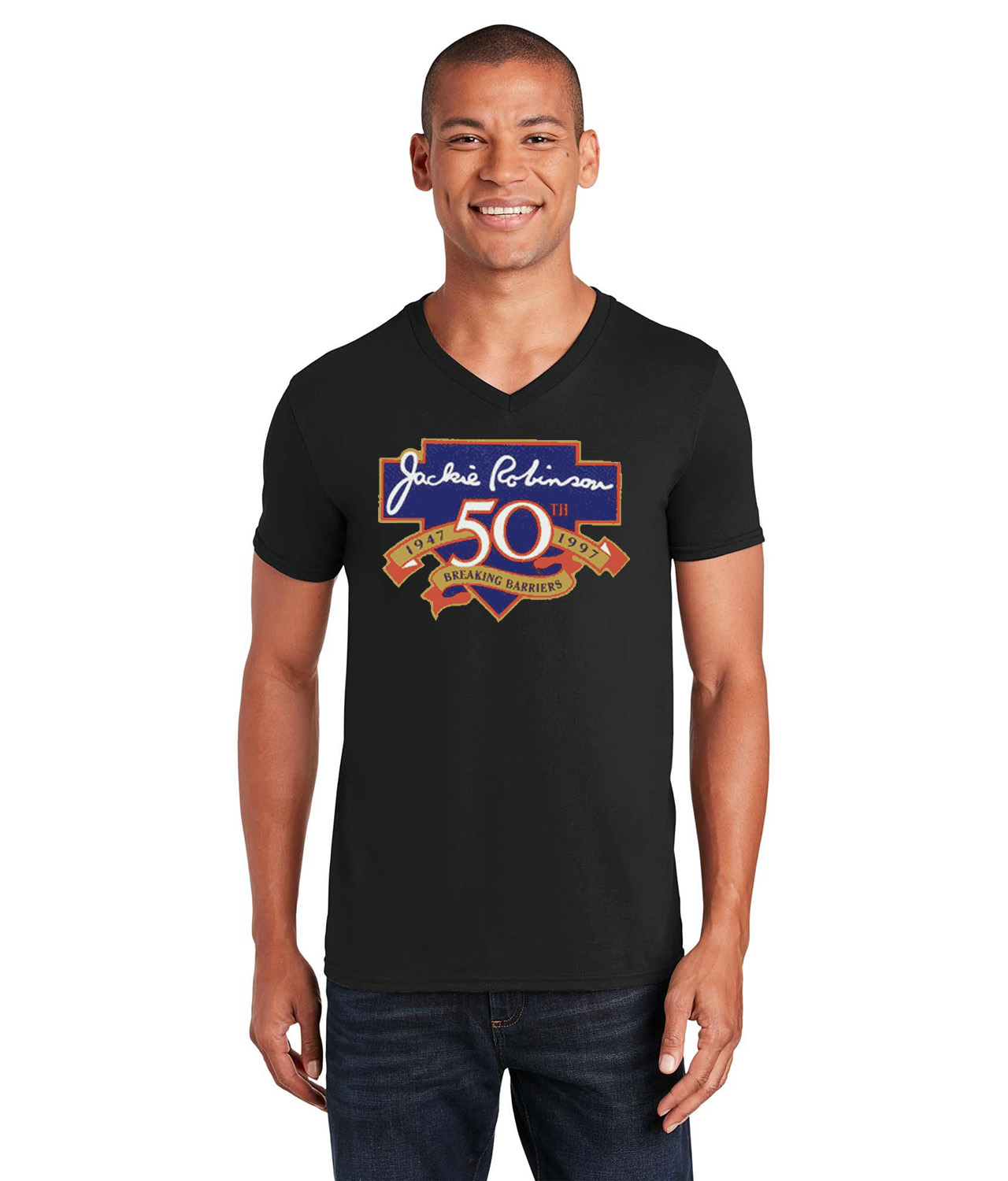 Major League Baseball 50th Anniversary Of The Jackie Robinson's Debut Logo Emblem Customized Design on Unisex V-Neck T-Shirt Tee