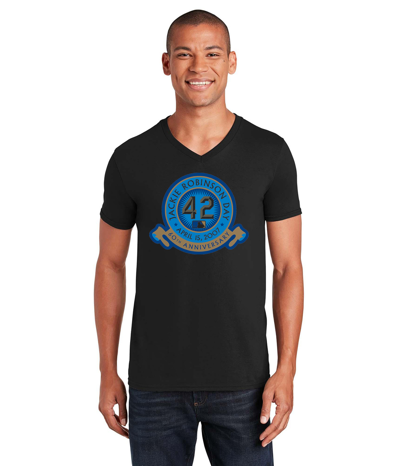 Major League Baseball Jackie Robinson Day 60th Anniversary 2007 Logo Emblem Customized Design on Unisex V-Neck T-Shirt Tee