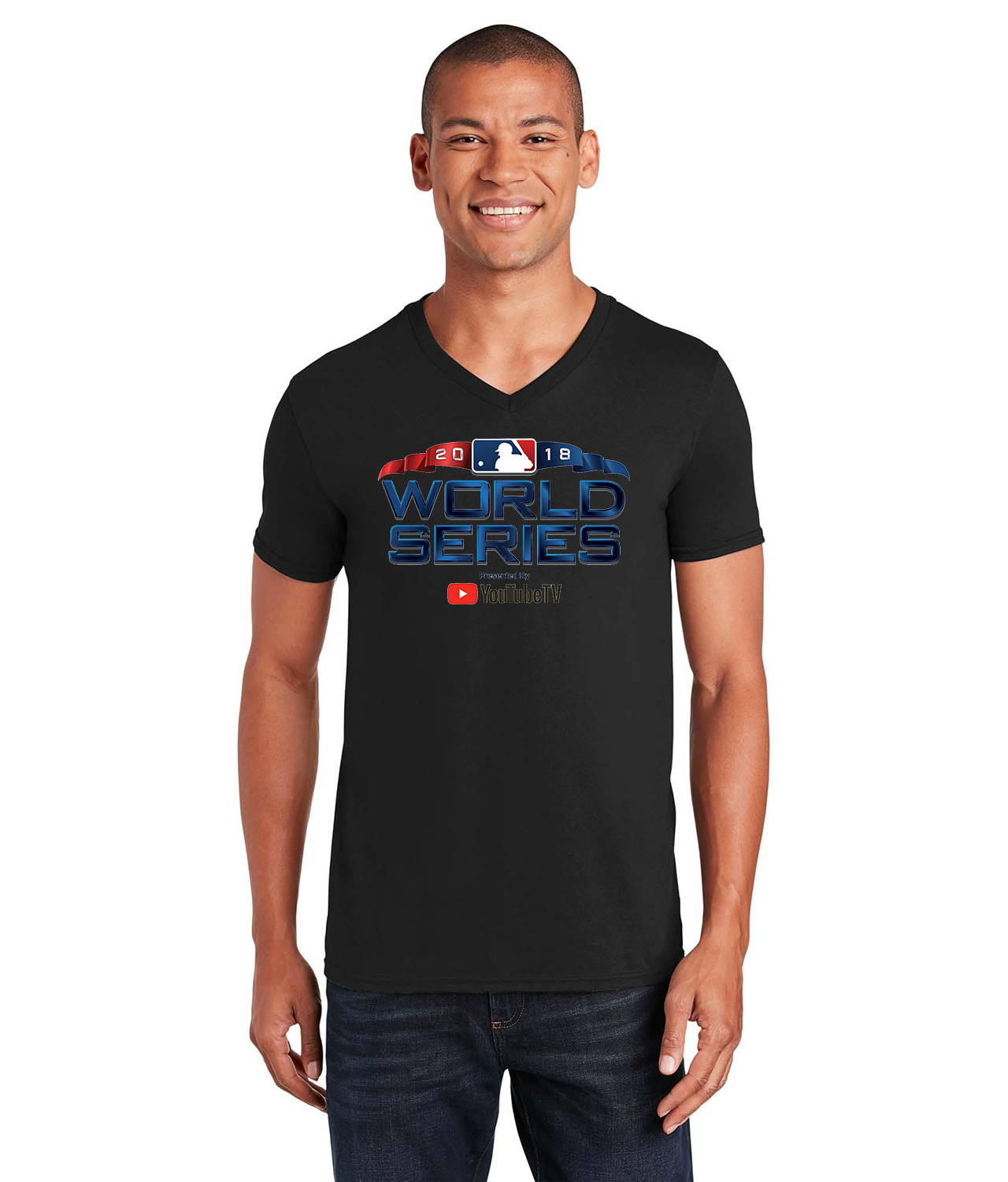 MLB Major League Baseball 2018 World Series Presented By YouTube TV Logo Emblem Customized Design on Unisex V-Neck T-Shirt Tee