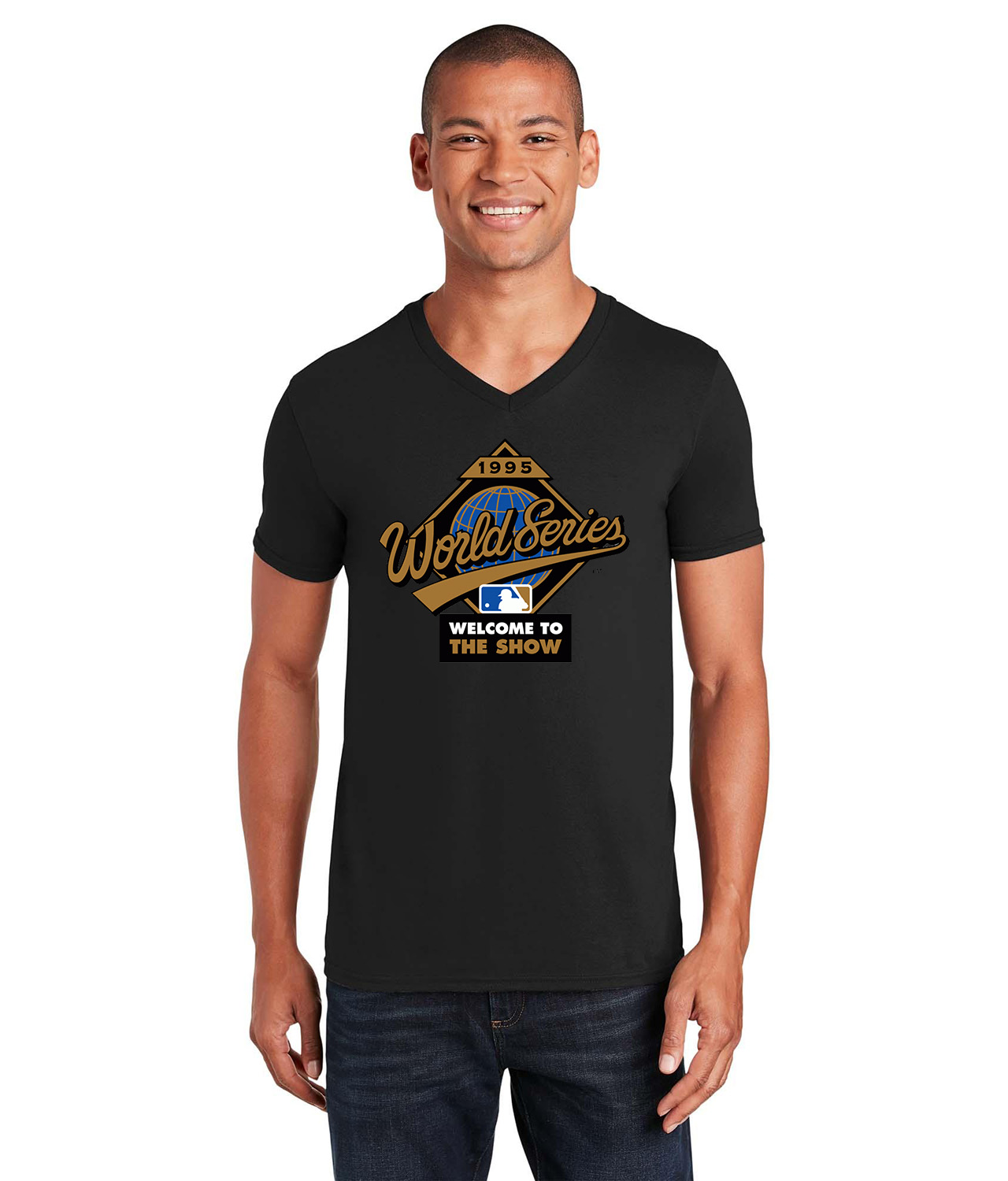 MLB World Series Welcome To The Show 1995 Alternate Baseball Logo Symbol Emblem Customized Design on Unisex V-Neck T-Shirt Tee