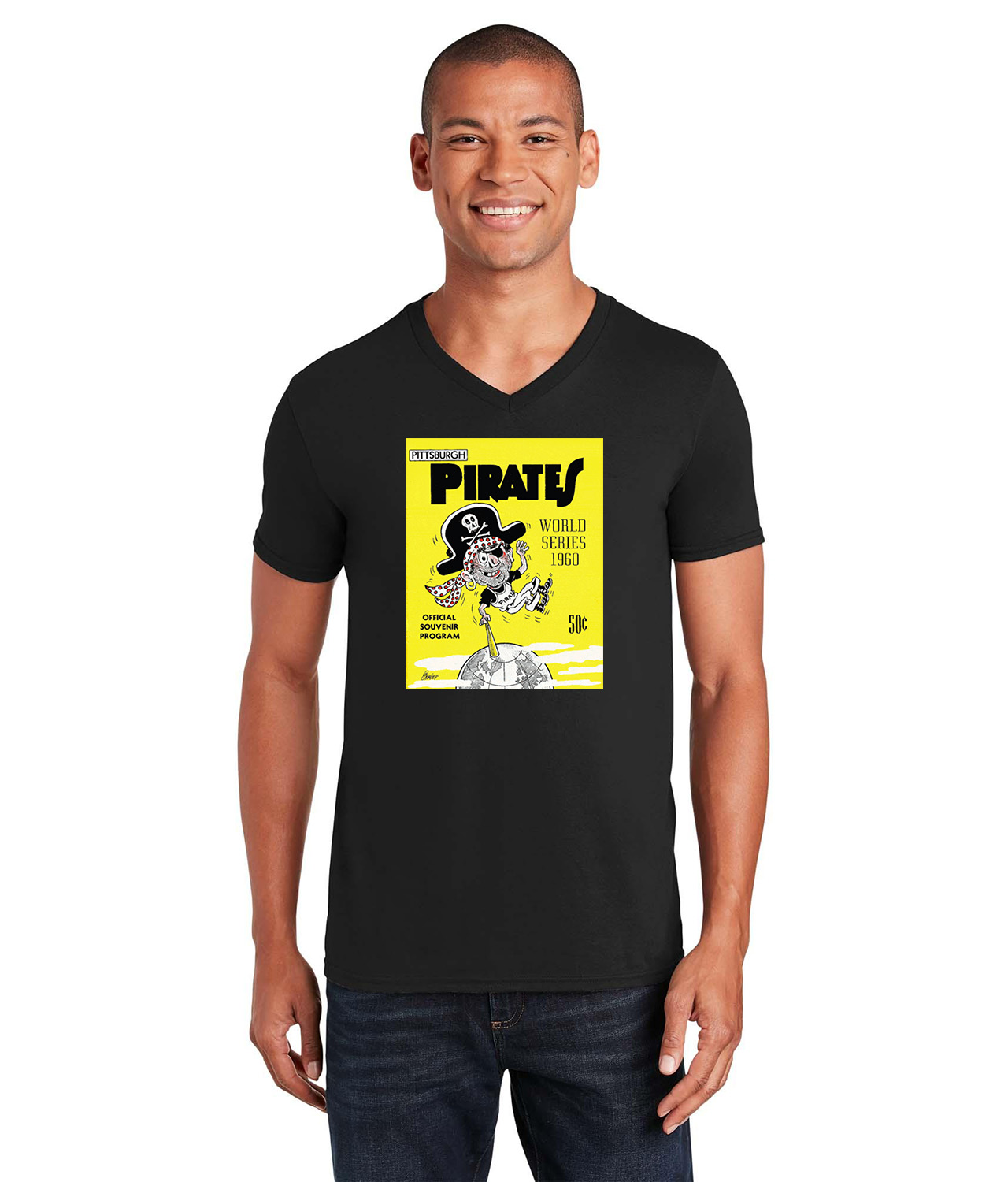 MLB World Series Program 1960-New York Yankees vs. Pittsburgh Pirates Baseball Logo Symbol Emblem Customized Design on Unisex V-Neck T-Shirt Tee
