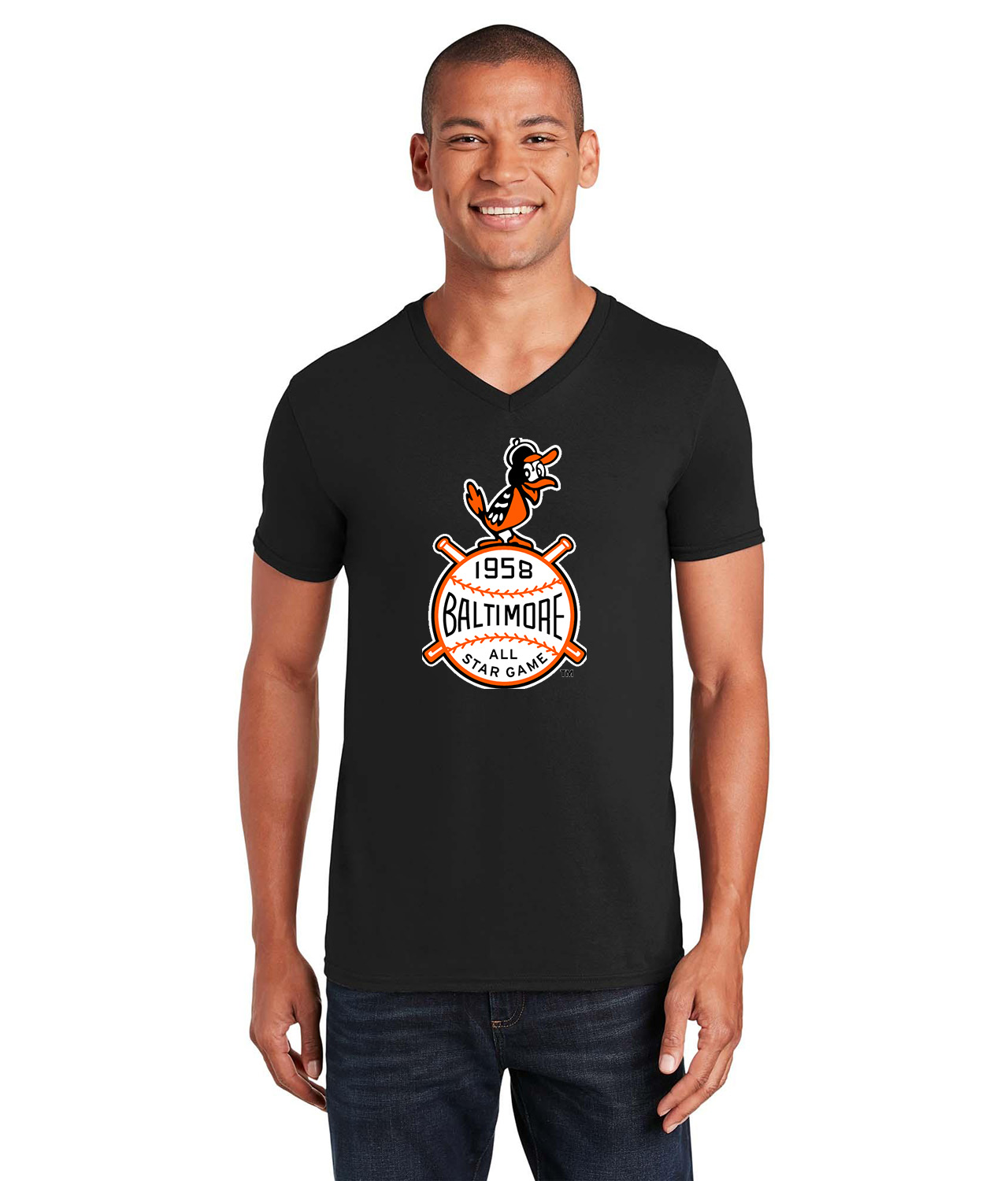 1958 MLB All-Star Game At Memorial Stadium Baltimore Maryland Baseball Logo Symbol Emblem Customized Design on Unisex V-Neck T-Shirt Tee