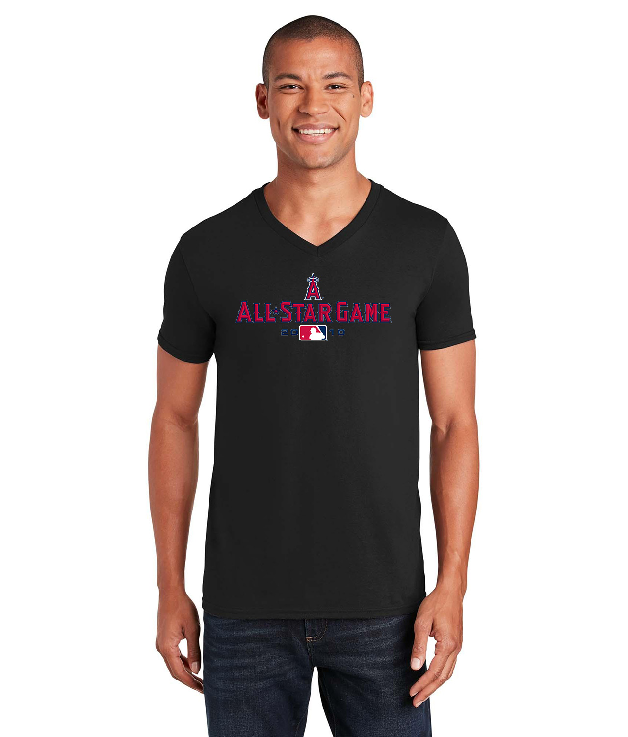 2010 MLB All-Star Game Angel Stadium Anaheim Baseball Logo Symbol Emblem Customized Design on Unisex V-Neck T-Shirt Tee