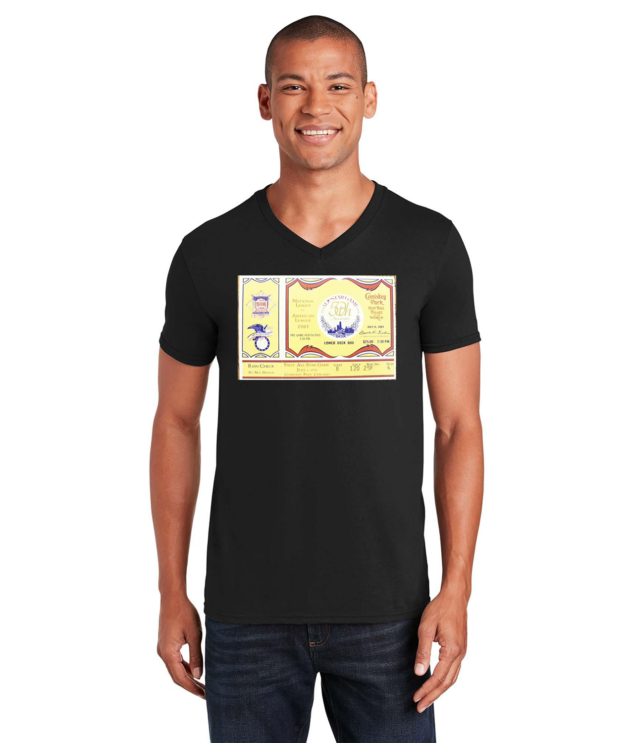 1983 MLB All-Star Game Ticket Stub Baseball Logo Symbol Emblem Customized Design on Unisex V-Neck T-Shirt Tee