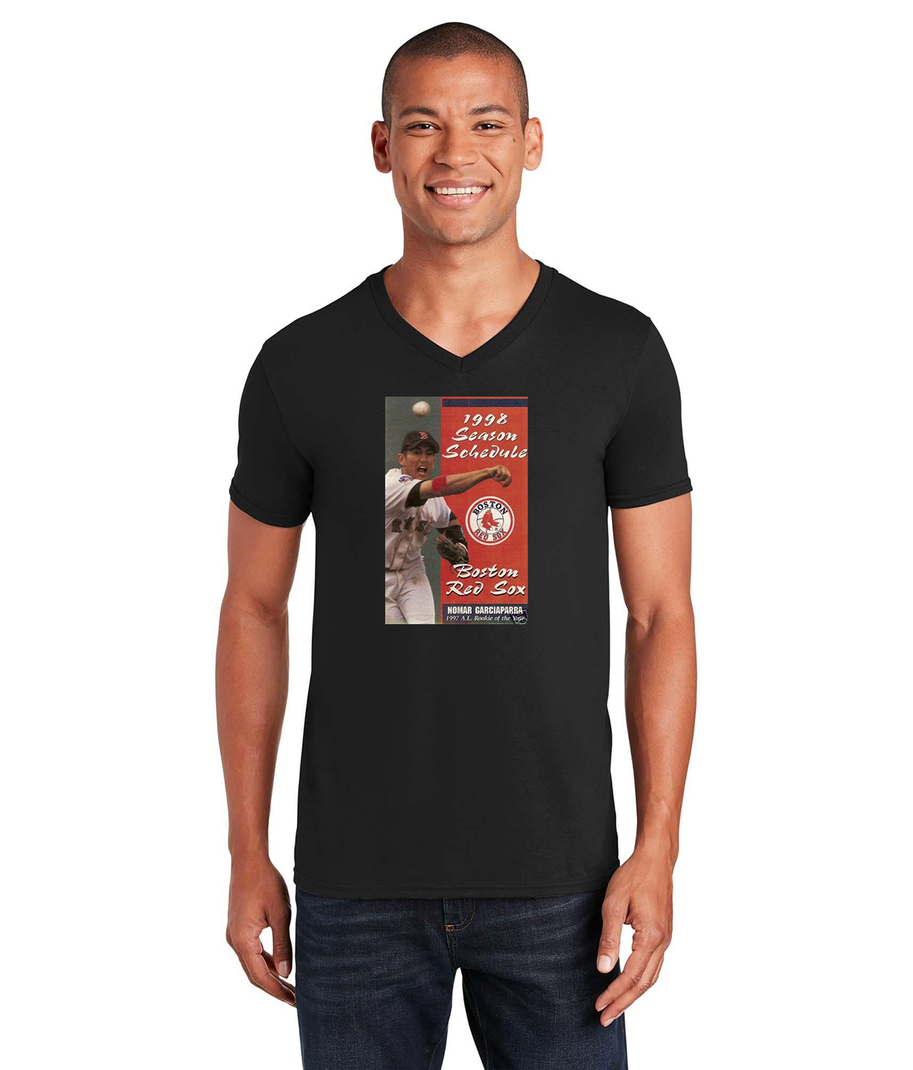 Boston Red Sox Pocket Schedule 1998 Baseball Logo Symbol Emblem Customized Design on Unisex V-Neck T-Shirt Tee